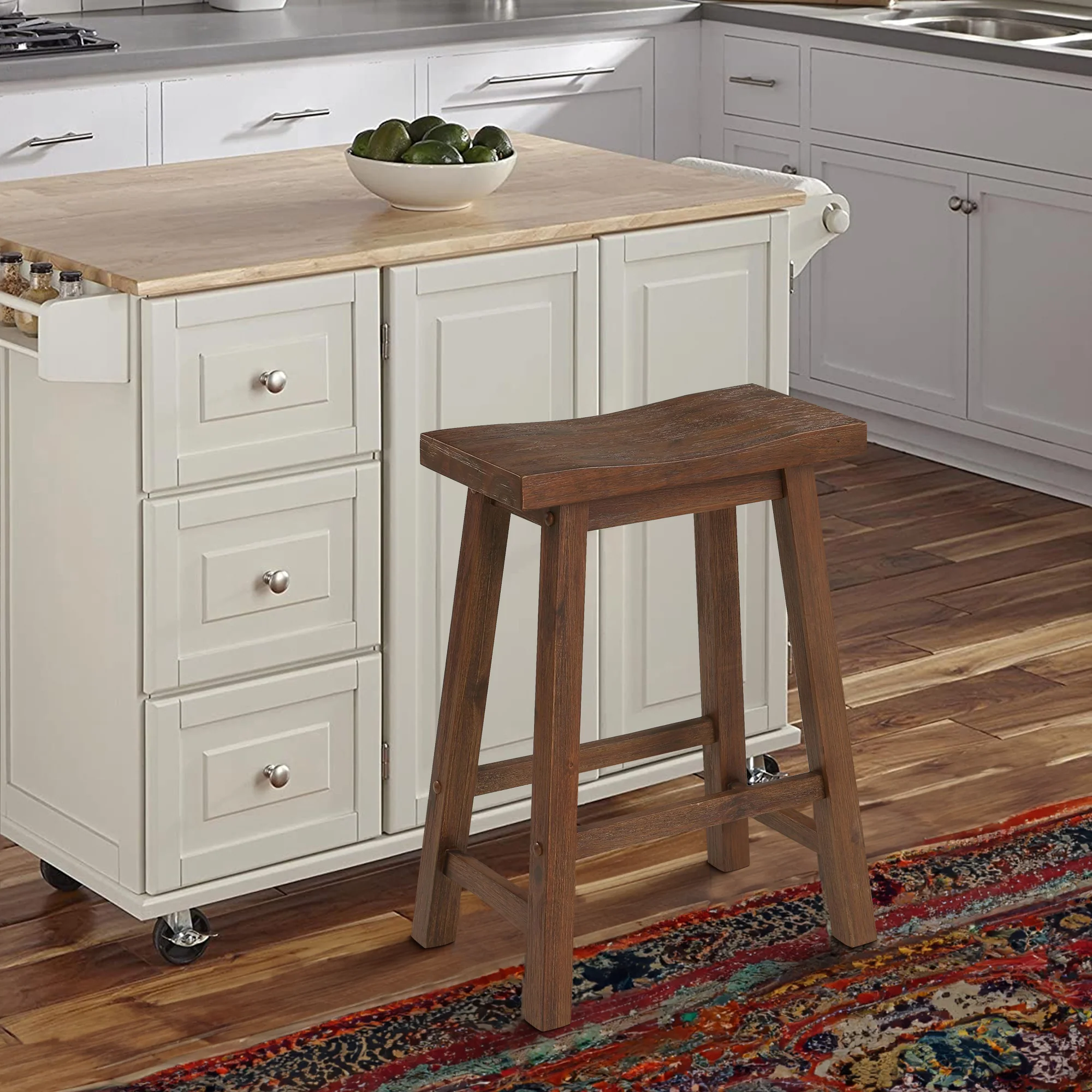 Saddle Design Wooden Counter Stool with Grain Details, Brown By Benzara