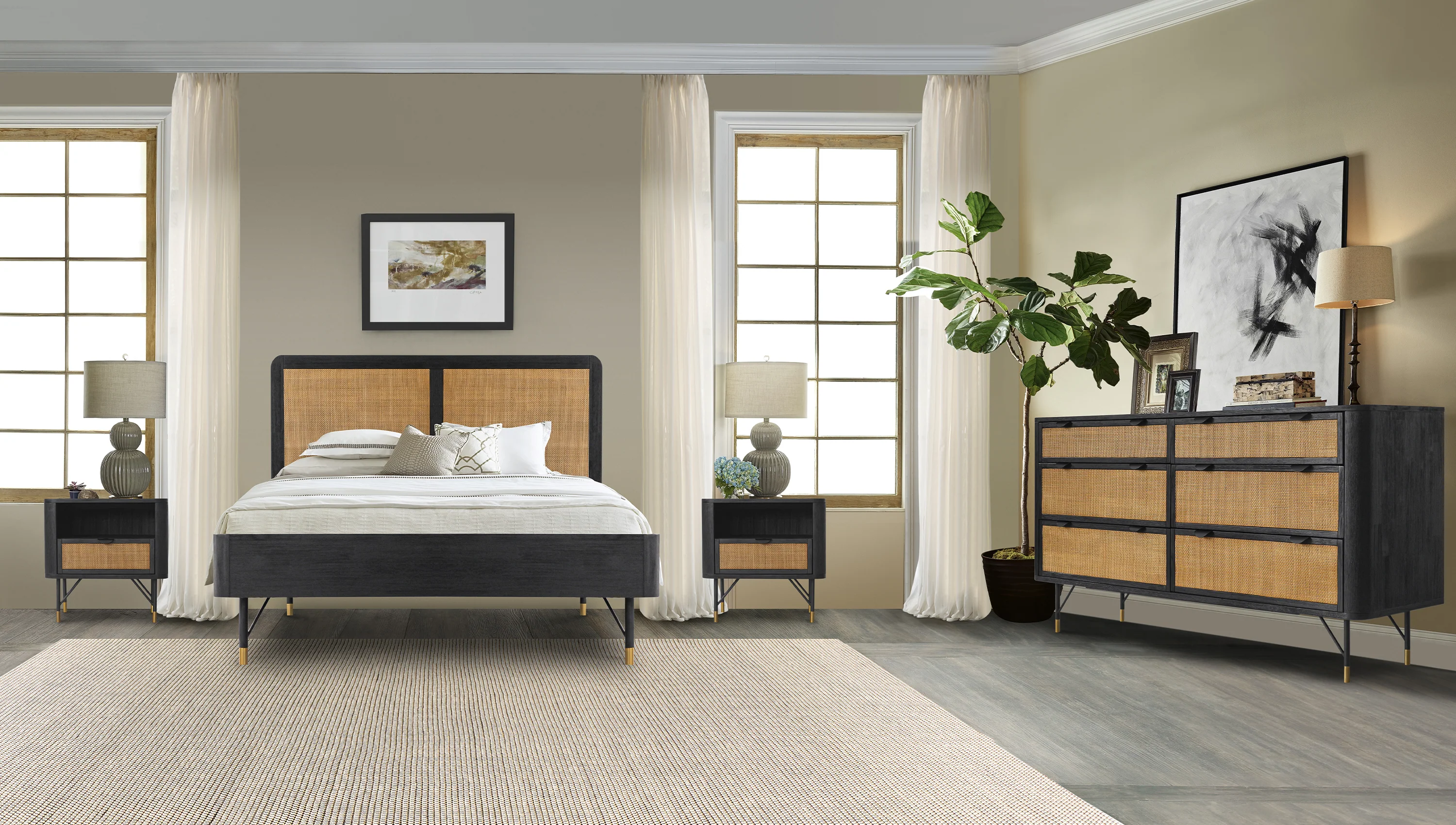 Saratoga Queen Platform Frame Bed in Black Acacia with Rattan Headboard By Armen Living - Image 3