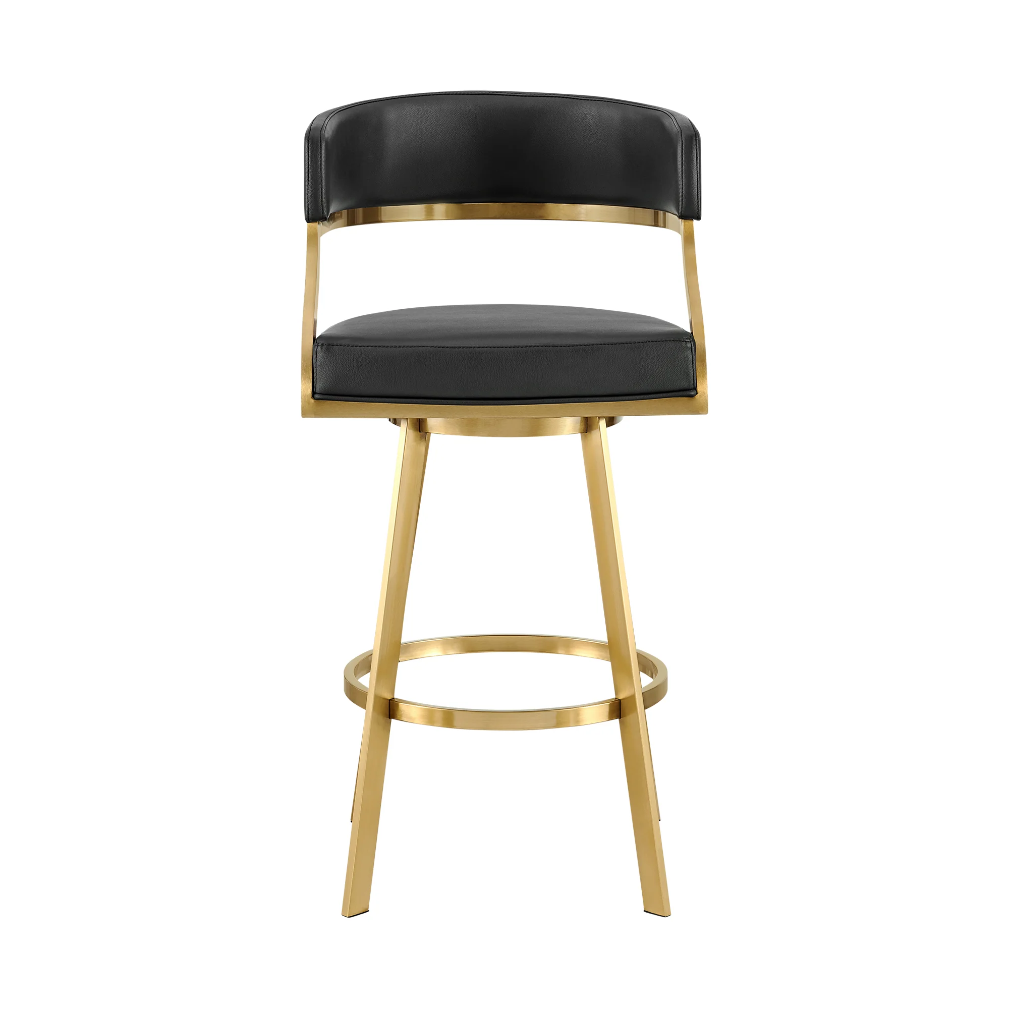 Saturn 30" Swivel Bar Stool with Gold Brushed Stainless Steel and Black Faux Leather By Armen Living - Image 3