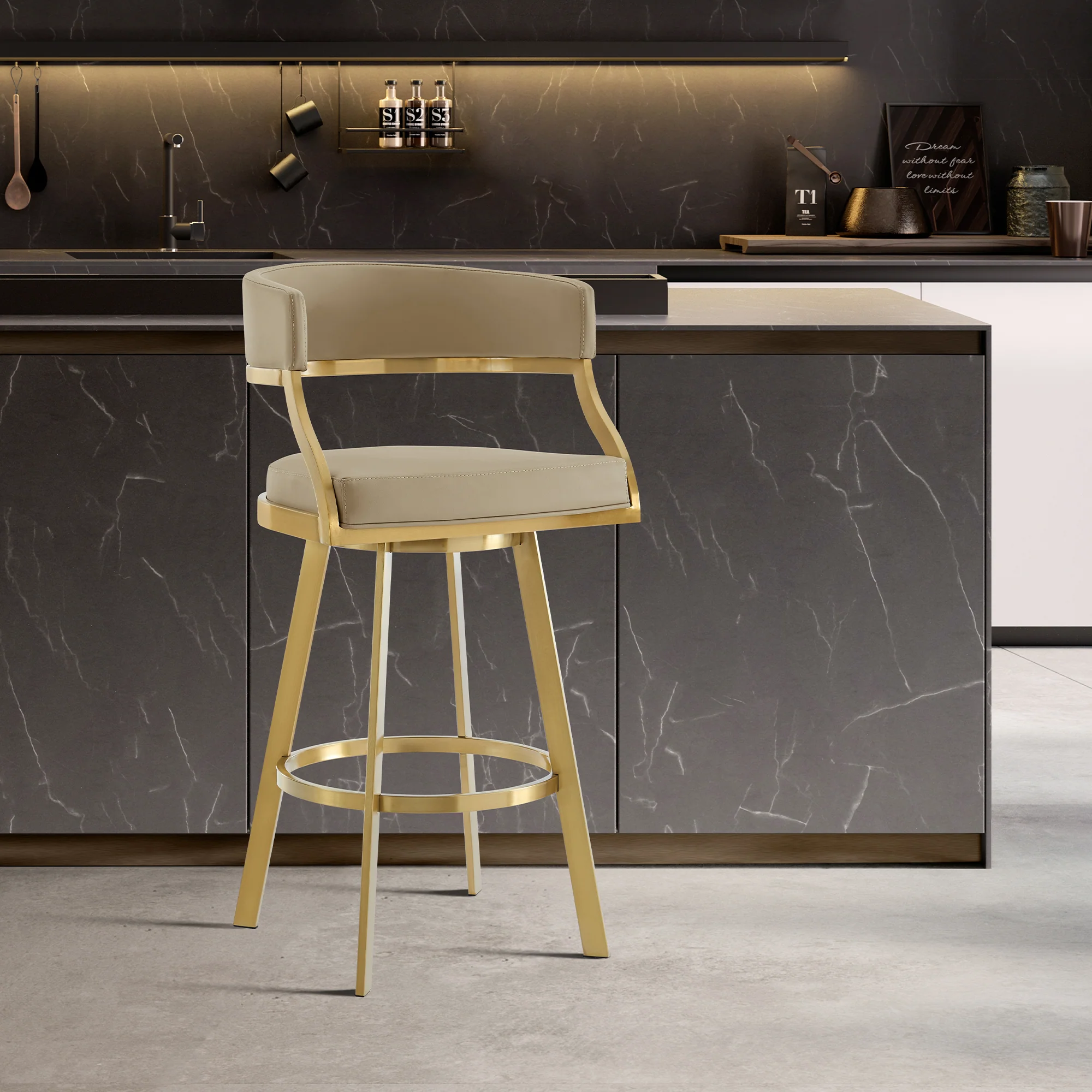Saturn 30" Swivel Bar Stool with Gold Brushed Stainless Steel and Light Sand Faux Leather By Armen Living