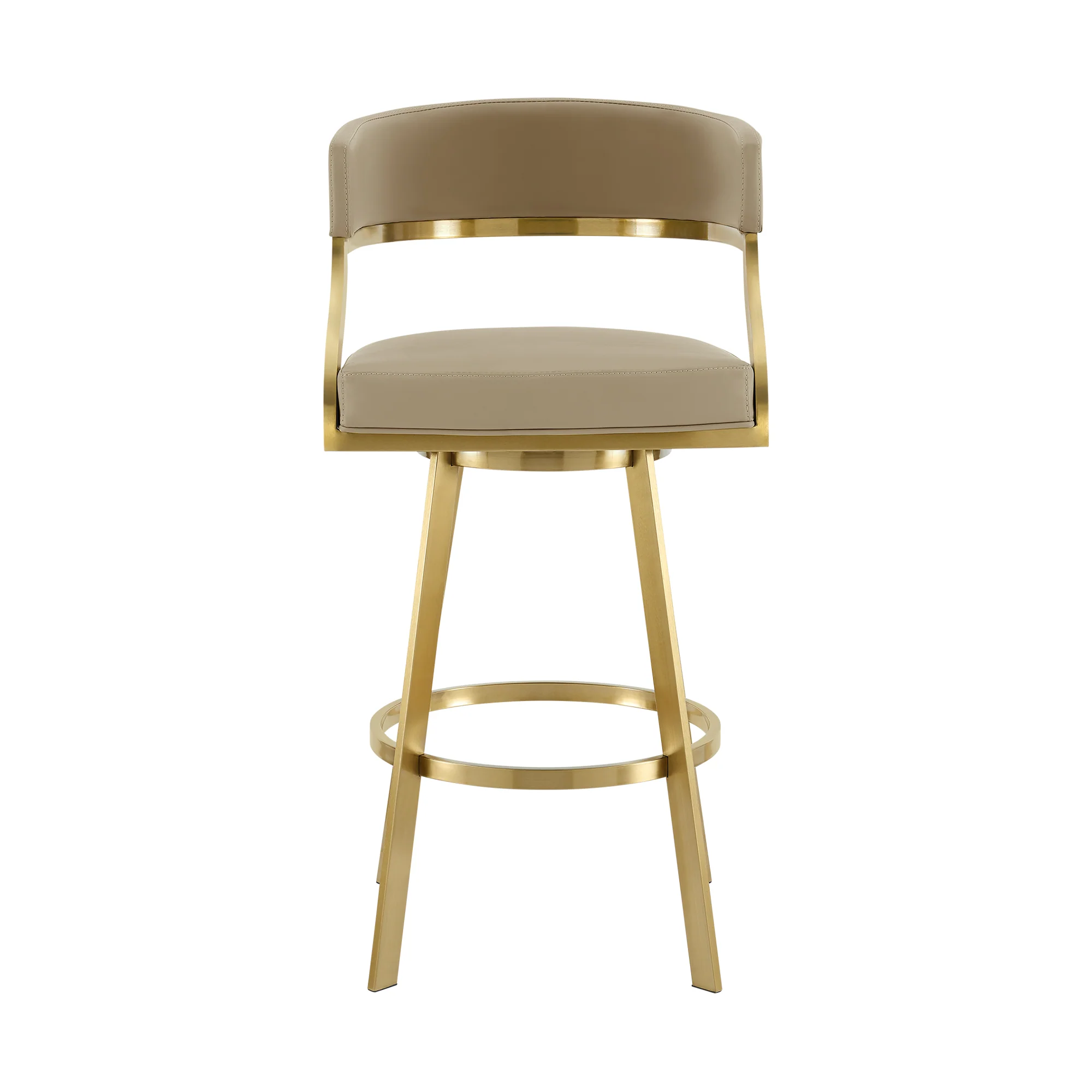 Saturn 30" Swivel Bar Stool with Gold Brushed Stainless Steel and Light Sand Faux Leather By Armen Living - Image 3