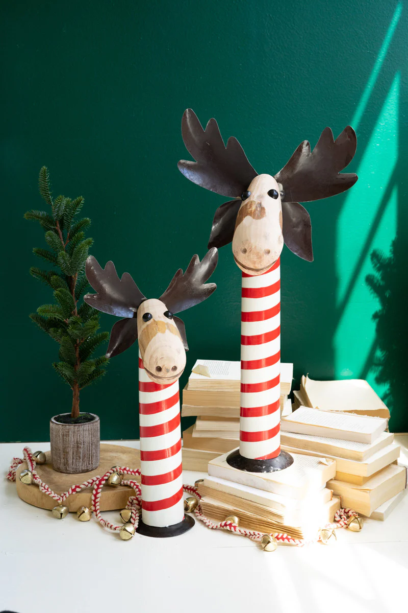 Set 2 Recycled Iron Moose W Red & Whte Painted Wood Bases By Kalalou