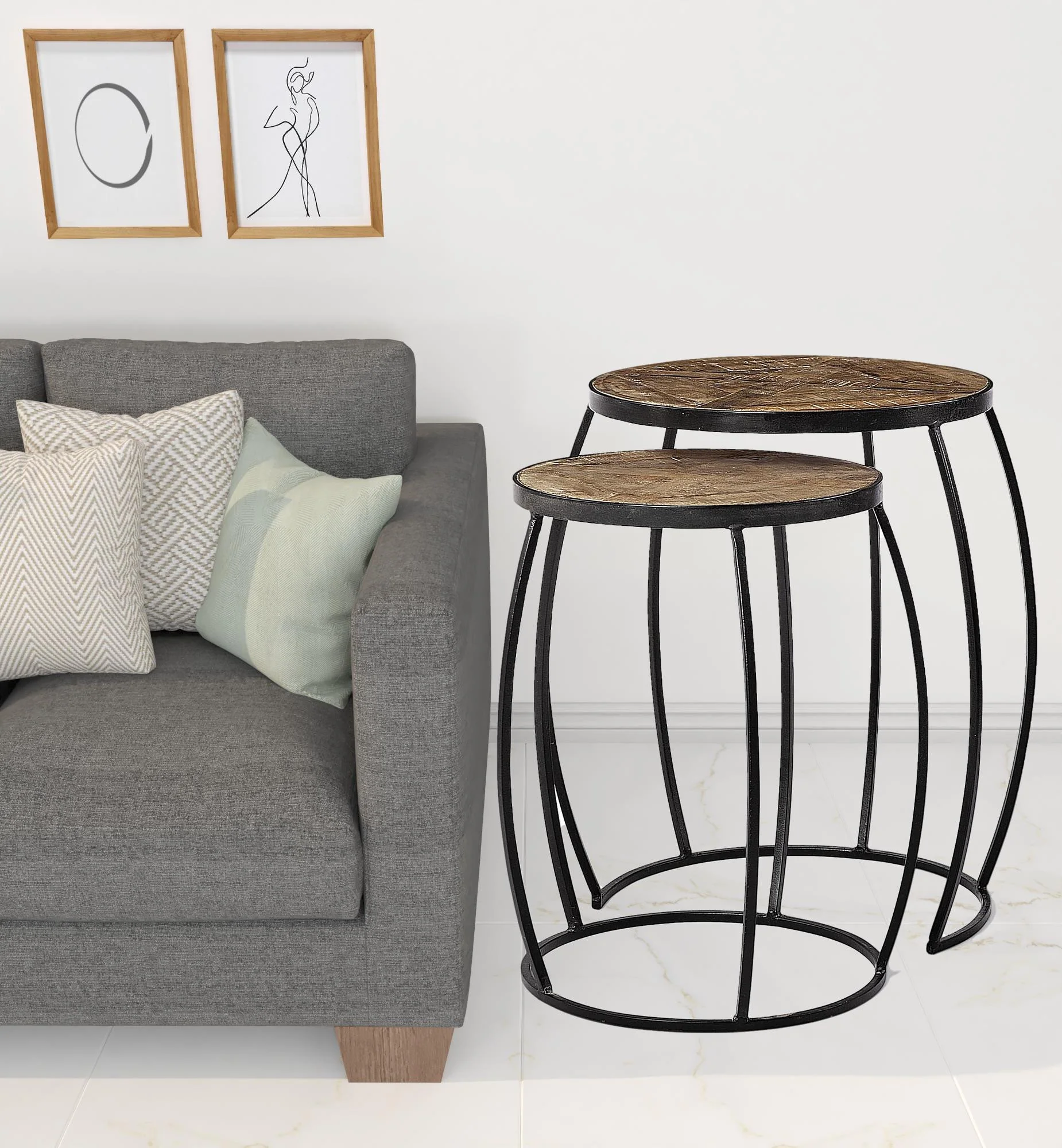 Set of 2 Brown Wooden Round Top Accent Tables with Black Metal Frame Nesting By Homeroots - Image 7