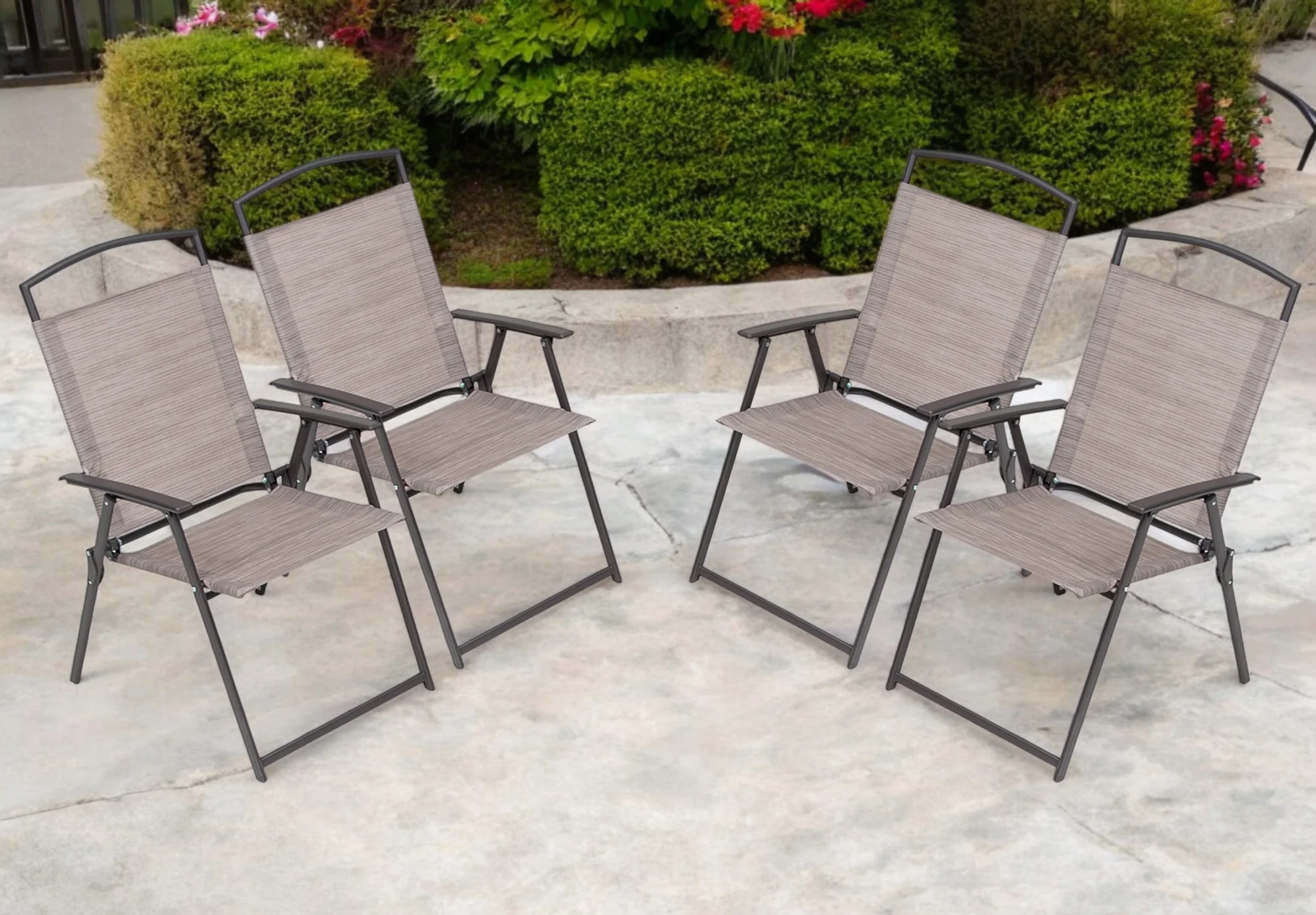 Set of Four Brown Steel Sling Outdoor Folding Arm Chairs By Homeroots