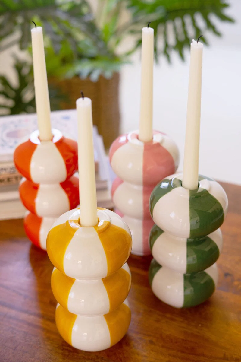 Set Of Four Ceramic Striped Taper Candle Holders By Kalalou - Image 4