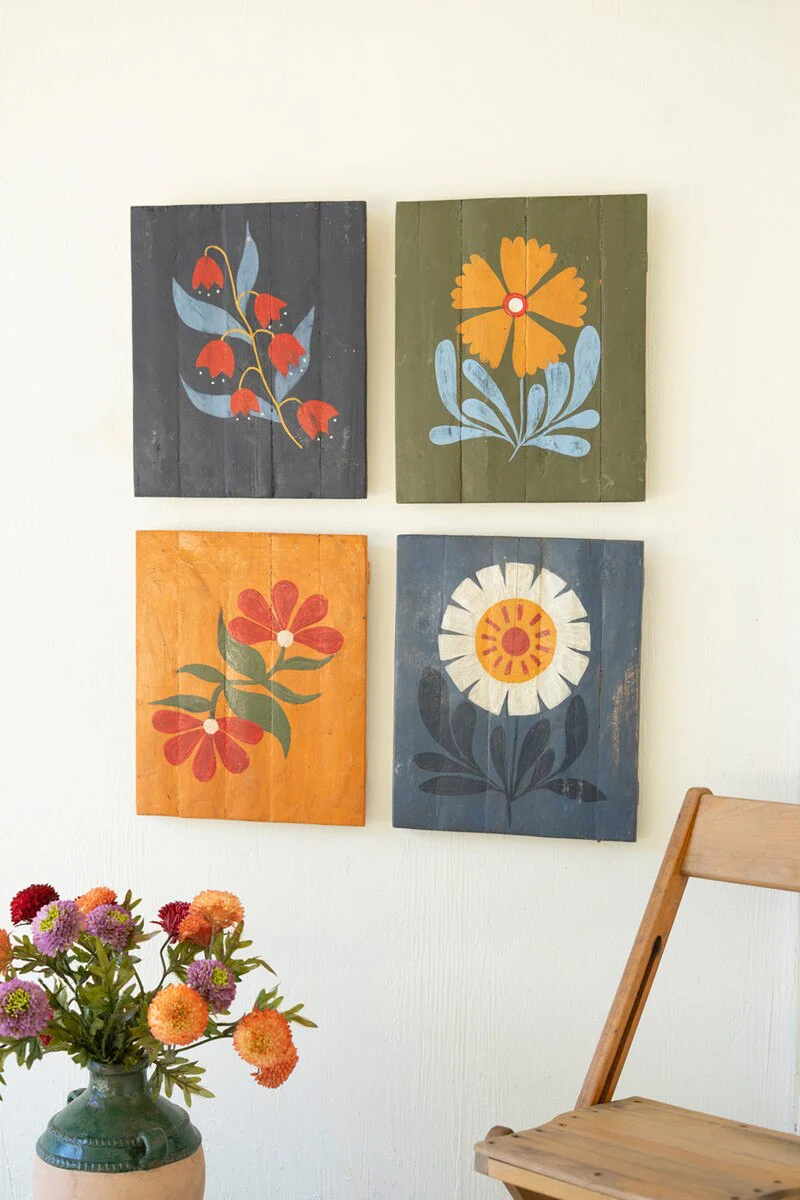 Set Of Four Hand Painted Florals On Recycled Wood Panels By Kalalou - Image 6