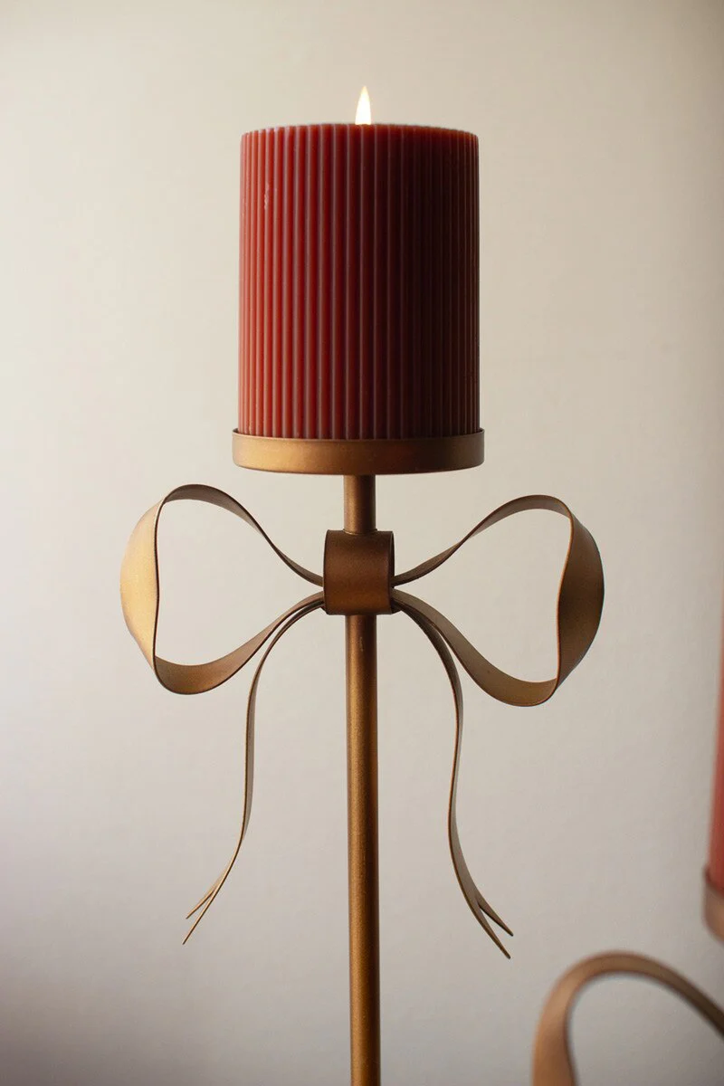 Set Of Three Antique Brass Pillar Candle Stands -Bow Detail By Kalalou - Image 5