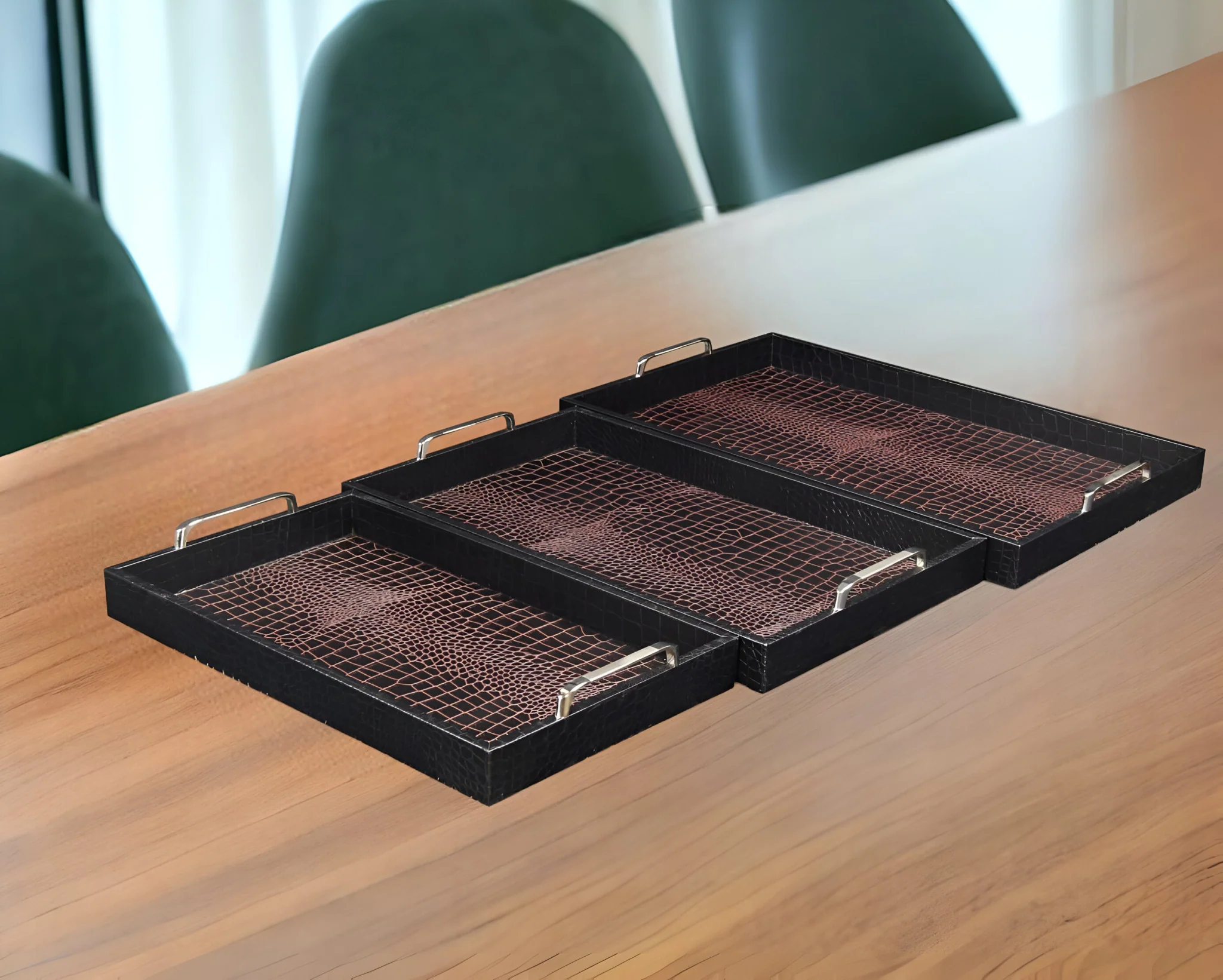 Set of Three Brown Rectangular Wood Handmade Serving Tray With Handles By Homeroots