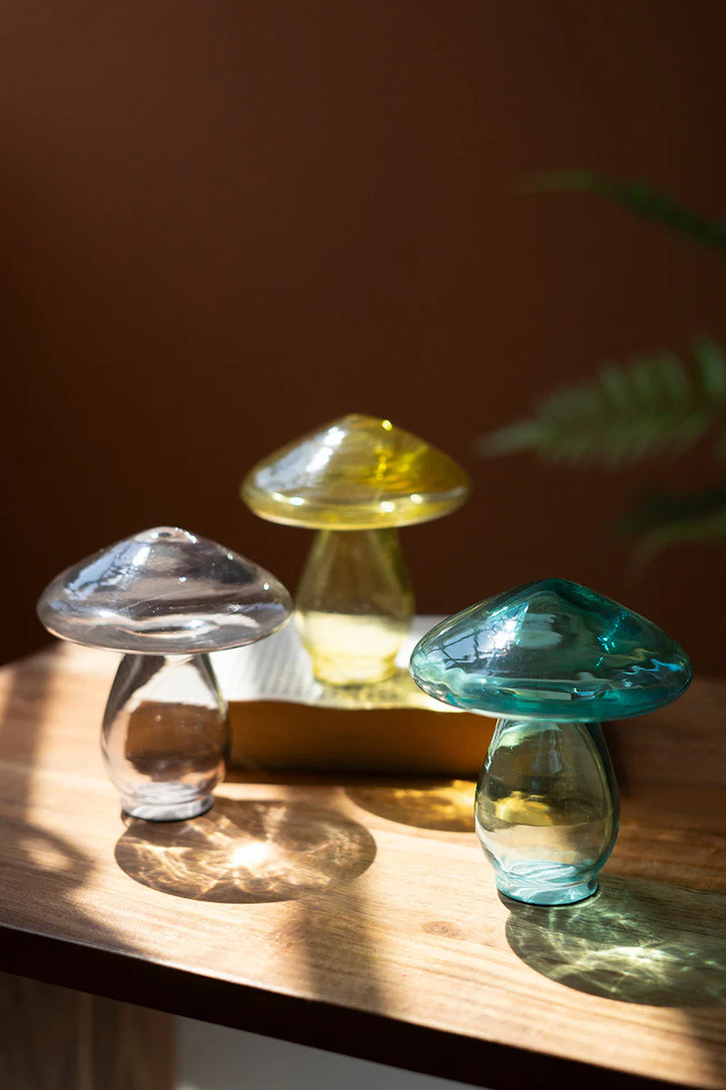 Set Of Three Glass Mushrooms - One Each Color (Min 2) By Kalalou