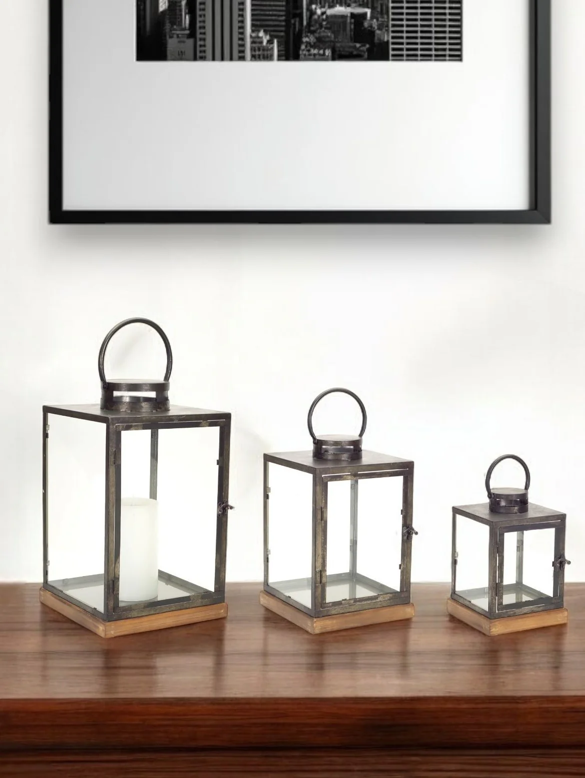 Set of Three Gray and Brown Glass Metal and Wood Geometric Floor Lantern Candle Holders By Homeroots
