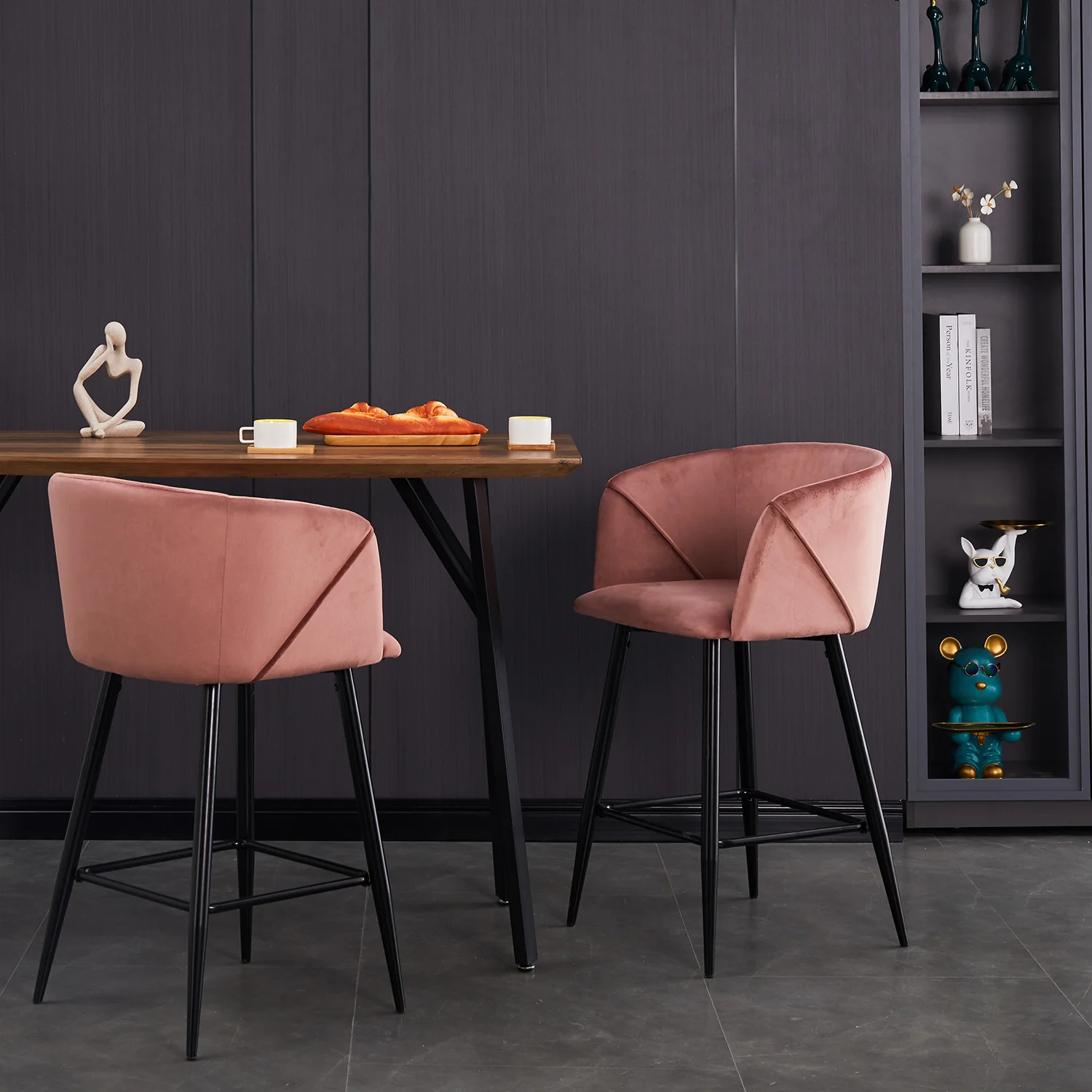 Set Of Two 28" Rose Pink And Black Velvet And Steel Bar Chairs With Footrest By Homeroots