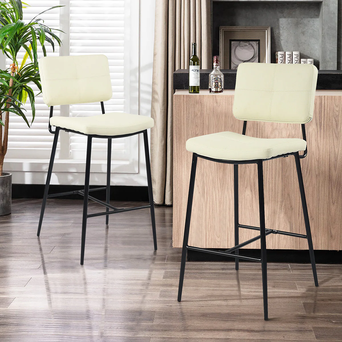 Set Of Two 39" Cream Faux Leather And Black Low Back Bar Height Bar Chairs By Homeroots