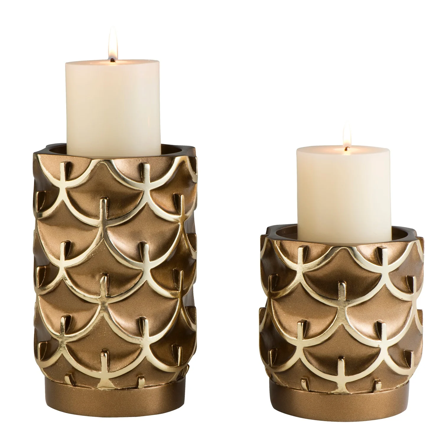 Set Of Two Antiqued Brass Tabletop Pillar Candle Holders By Homeroots - Image 4