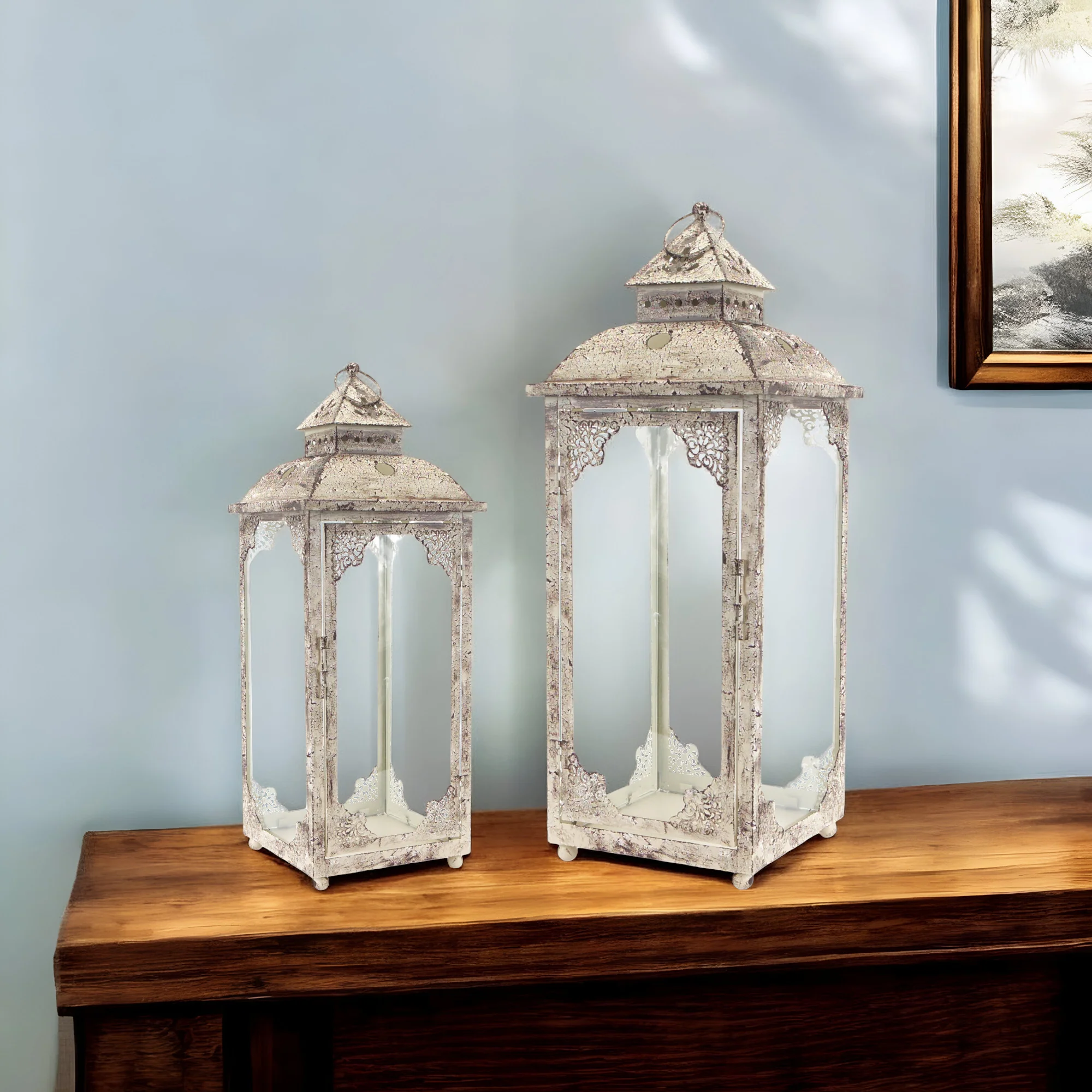 Set of Two Beige Glass and Metal Distressed Floor Lantern Candle Holders By Homeroots