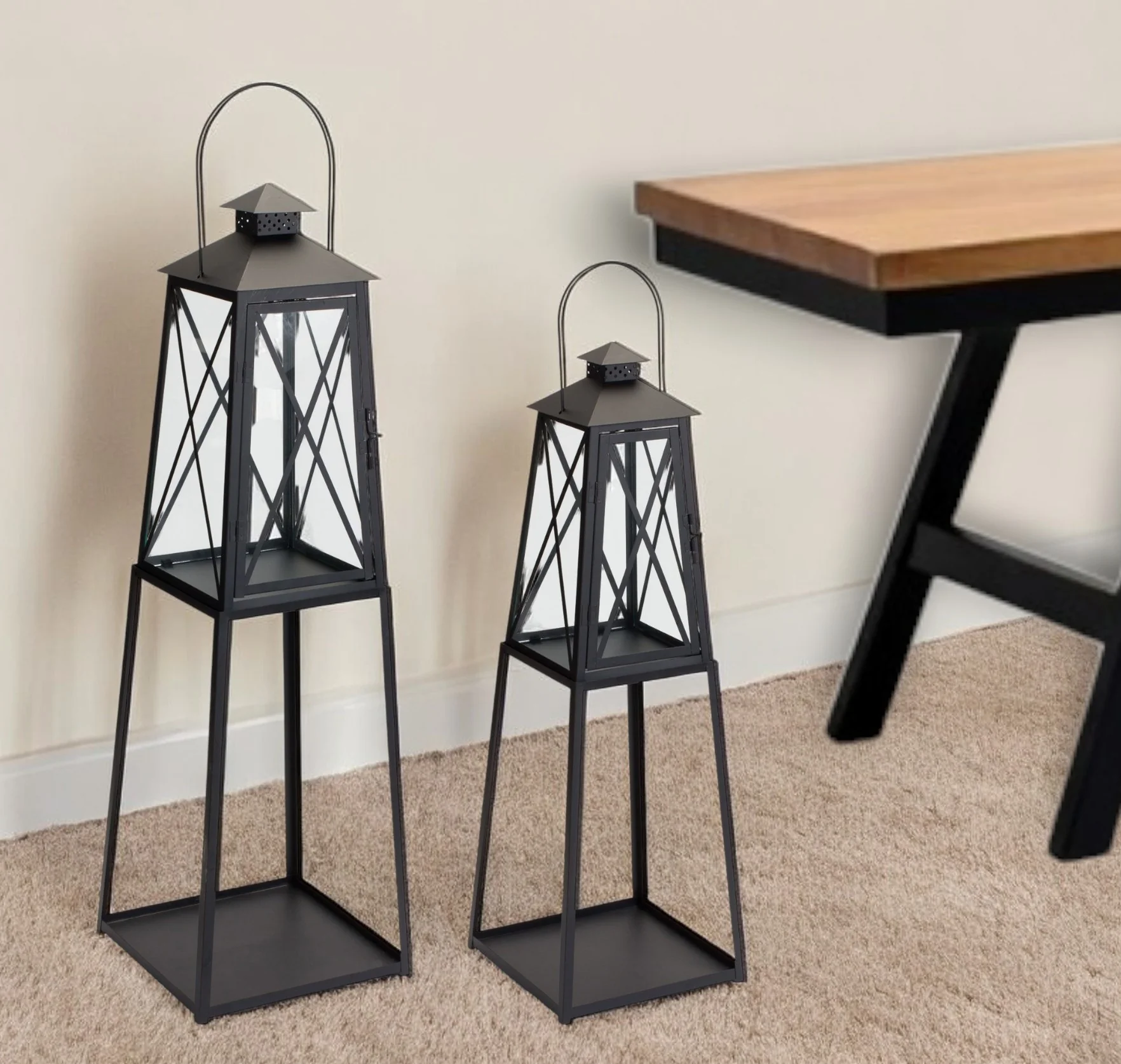 Set of Two Black Iron Ornate Tabletop Lantern Candle Holders By Homeroots