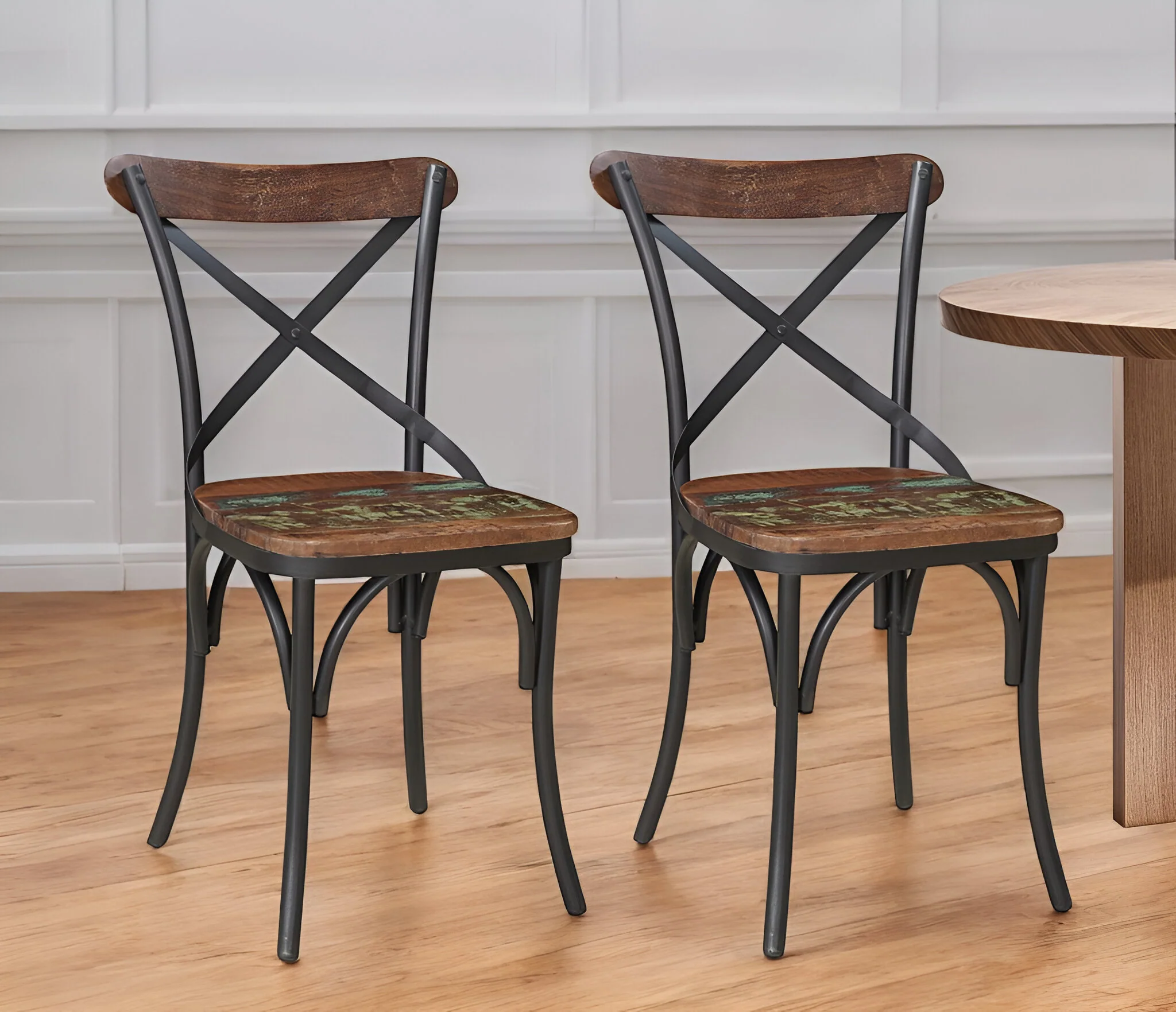 Set of Two Brown And Black Metal And Wood Cross Back Dining Side Chairs By Homeroots