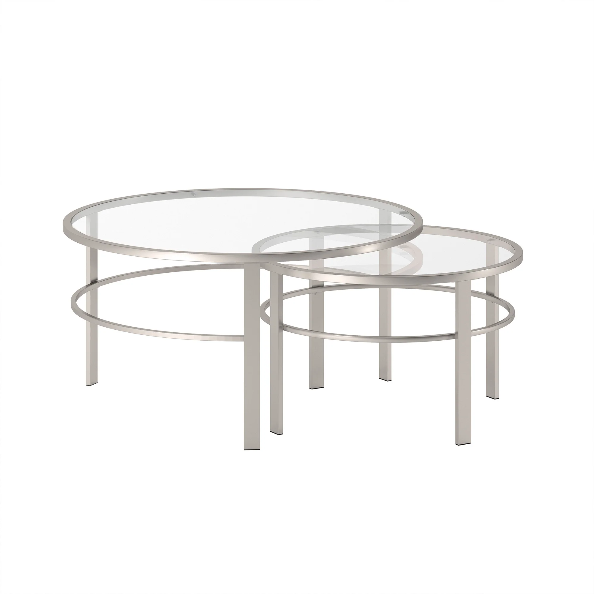 Set of Two Clear and Silver Glass And Steel Round Nested Coffee Tables By Homeroots