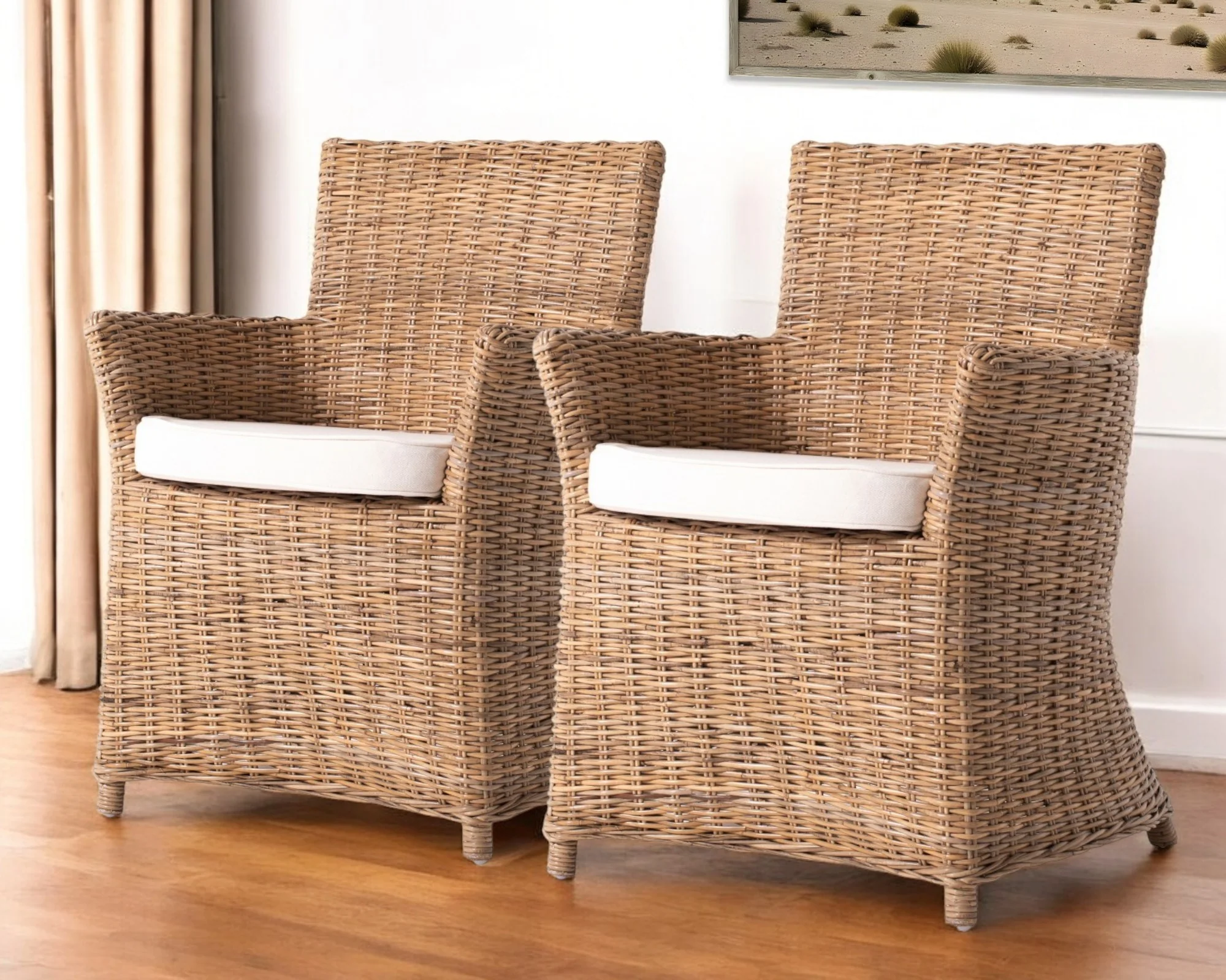 Set of Two Cream And Natural Rattan Dining Arm Chairs By Homeroots