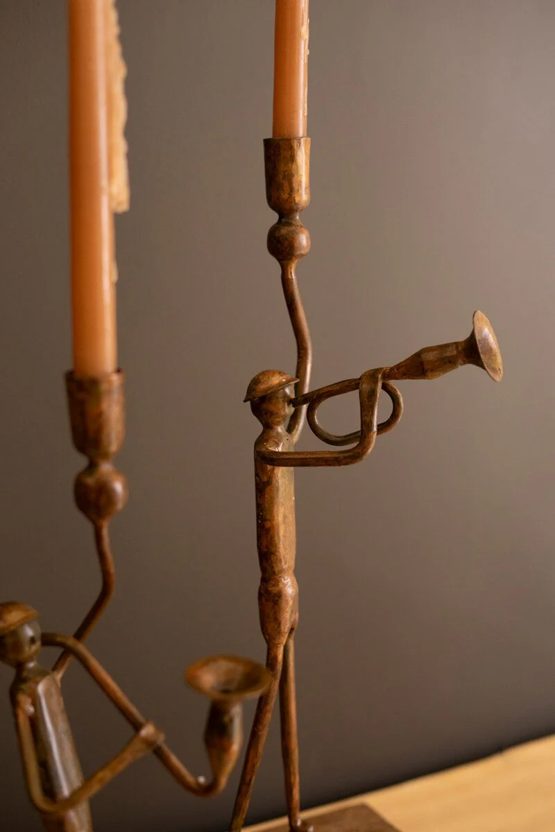 Set Of Two Forged Iron Trumpet And Saxaphone Taper Candle Holders By Kalalou - Image 2