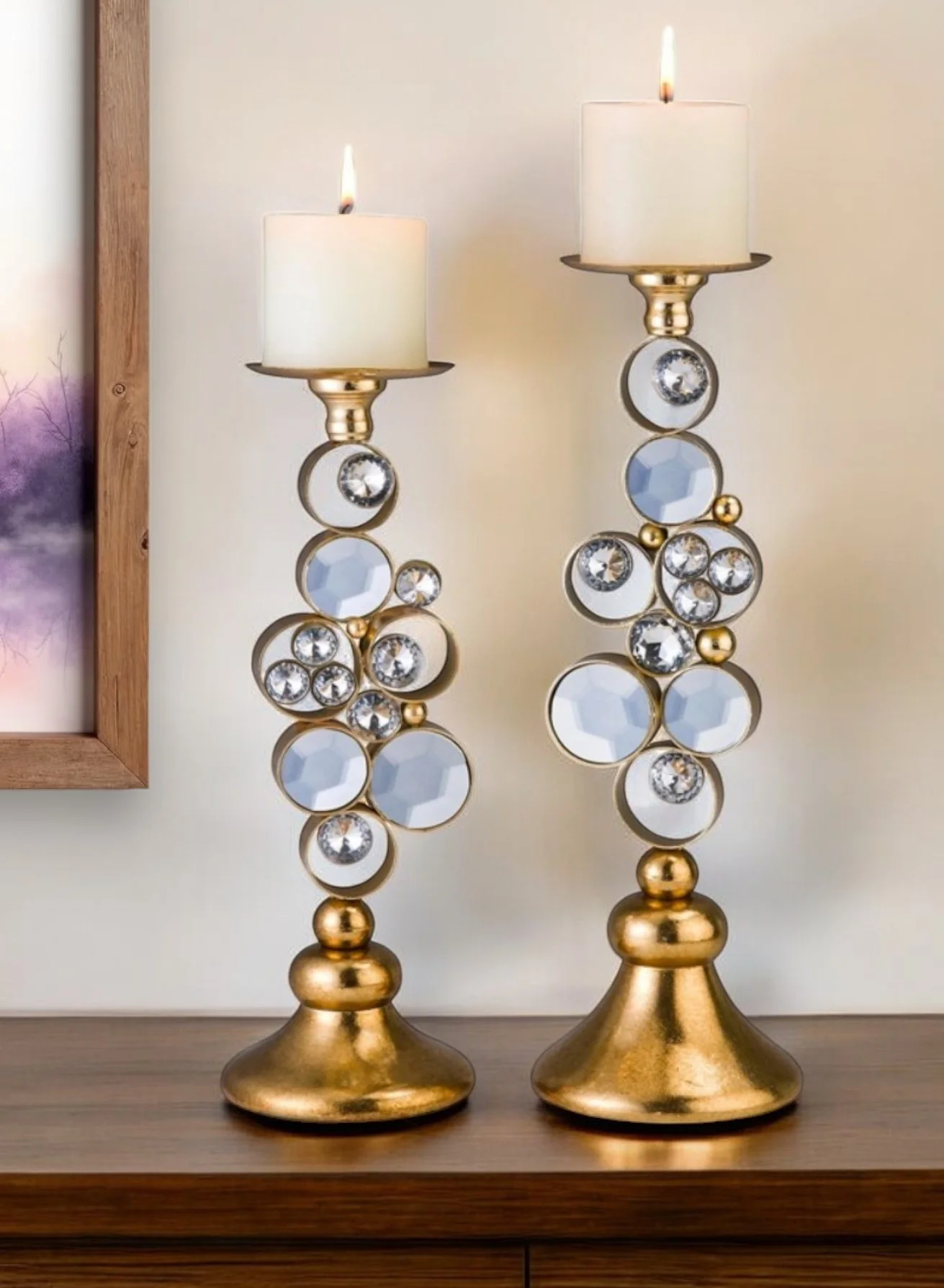 Set Of Two Gold Bling Tabletop Pillar Candle Holder By Homeroots