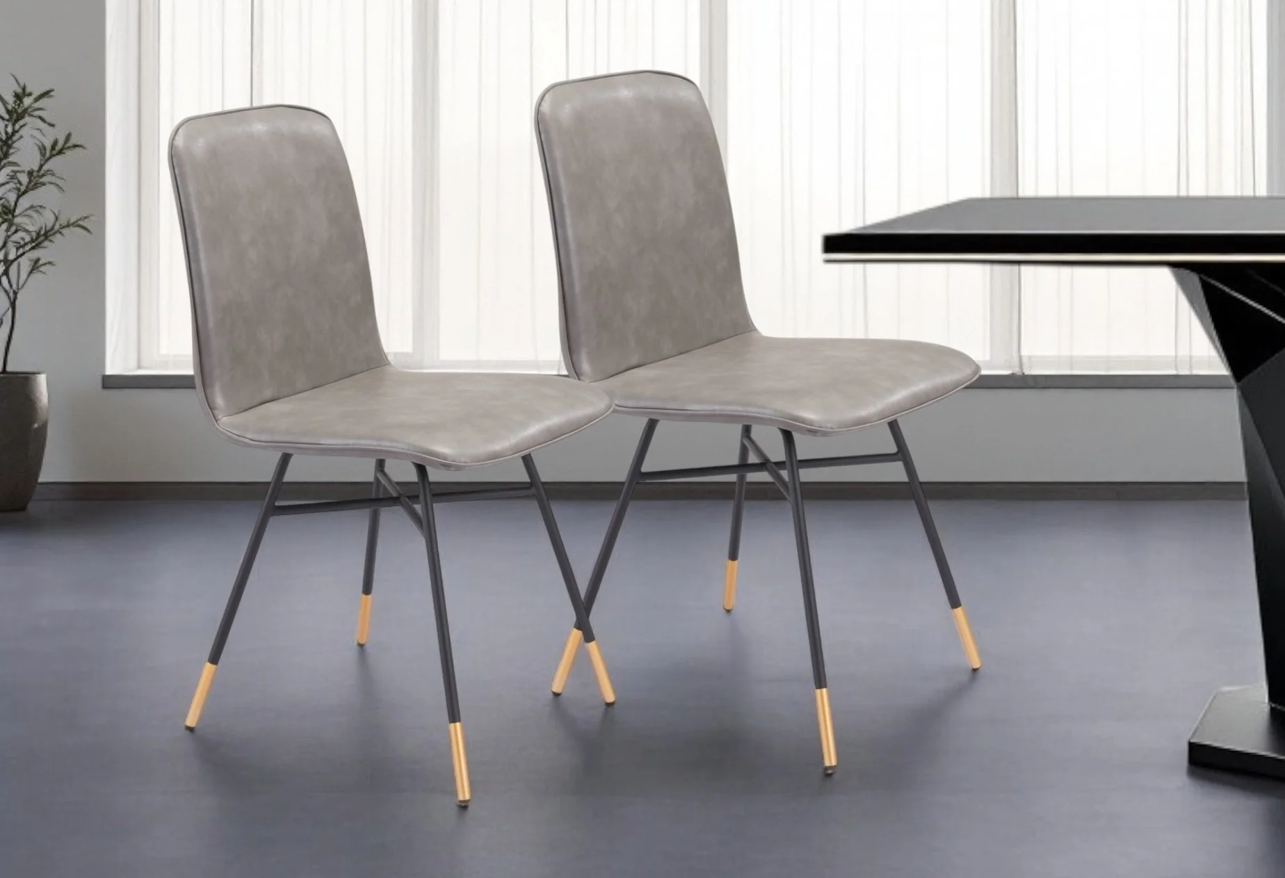 Set of Two Gray And Black Upholstered Faux Leather Dining Side Chairs By Homeroots