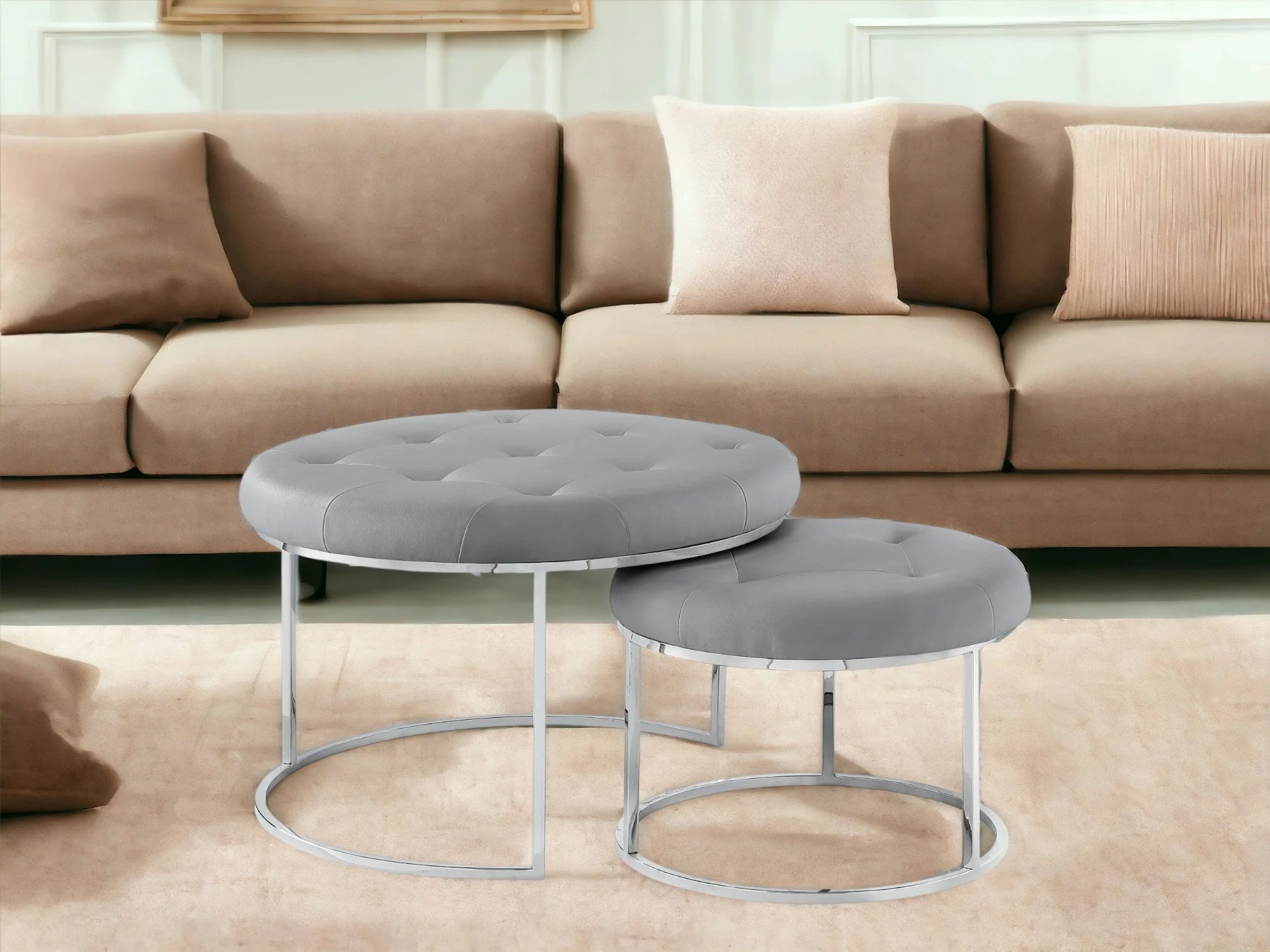 Set of Two Gray Faux Leather and Silver Tufted Round Ottomans By Homeroots