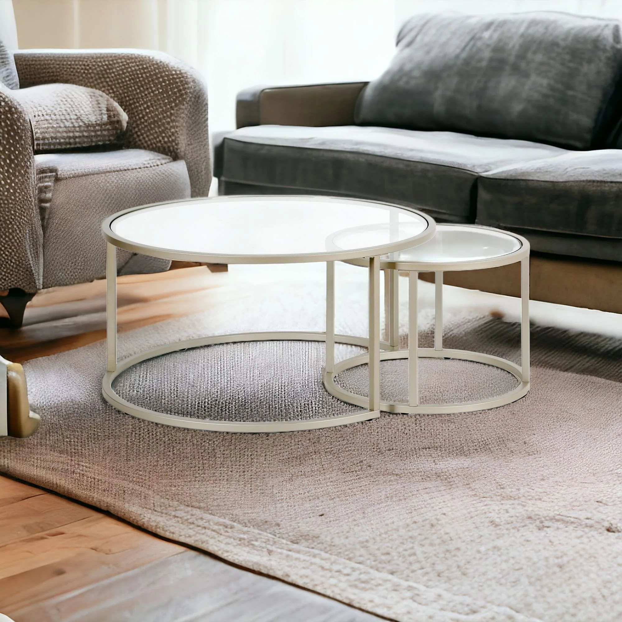 Set of Two Silver Glass And Steel Round Nested Coffee Tables By Homeroots