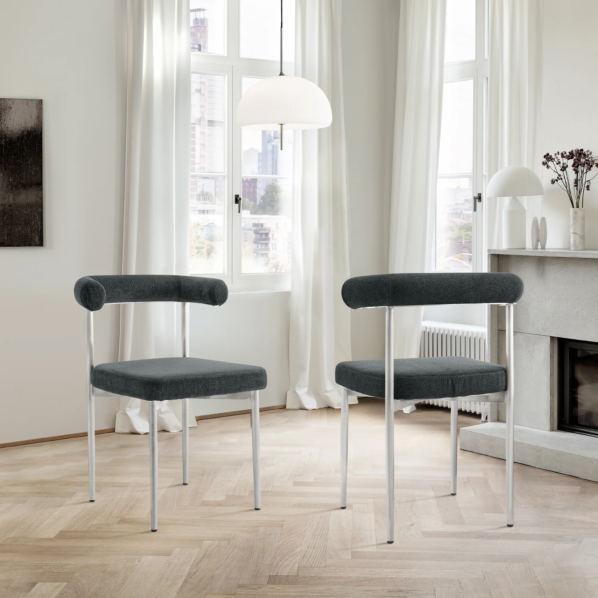 Shannon Dining Chair with Brushed Stainless Steel and Charcoal Fabric - Set of 2 By Armen Living