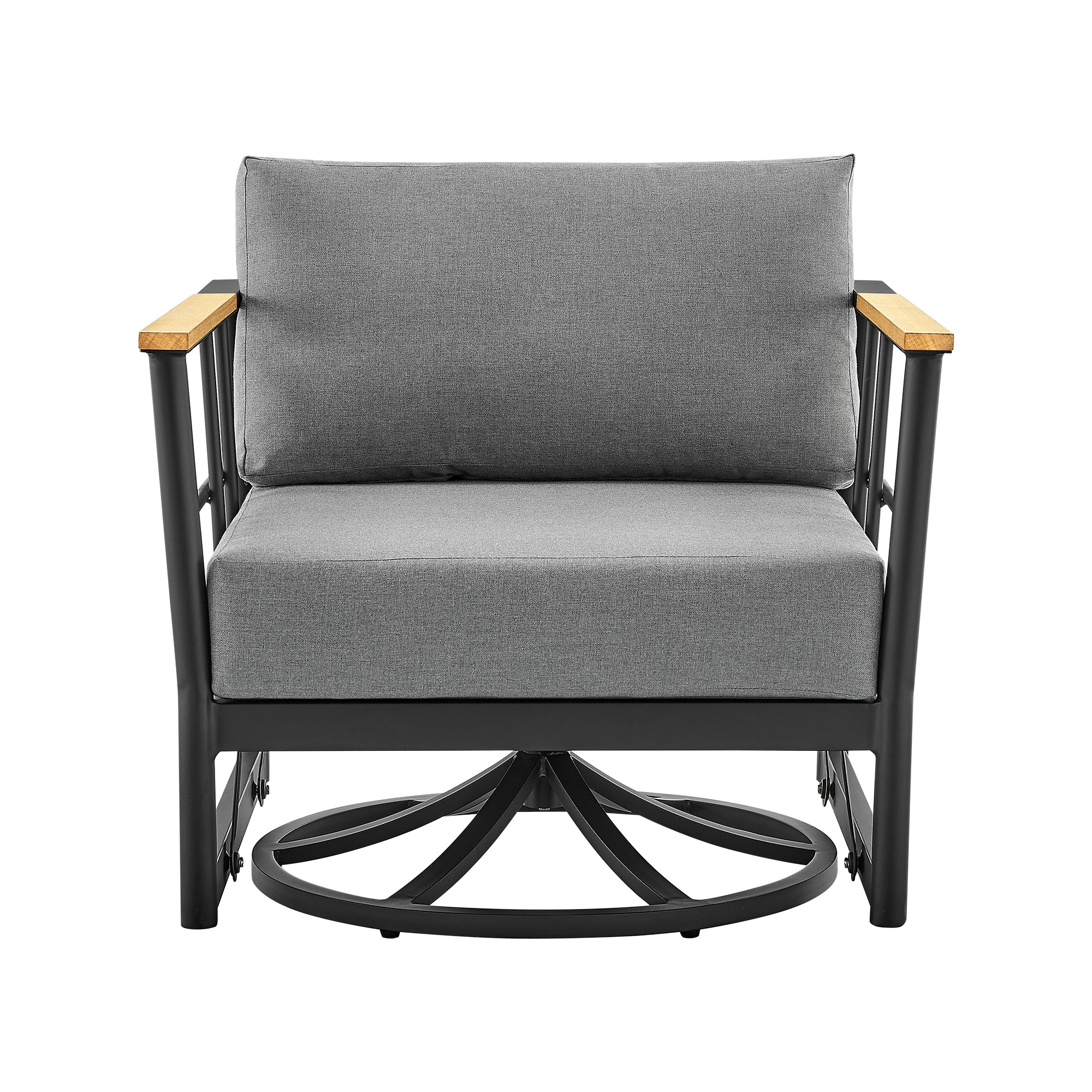 Shari Outdoor Patio Swivel Glider Lounge Chair in Black Aluminum and Teak Wood with Cushions By Armen Living - Image 3