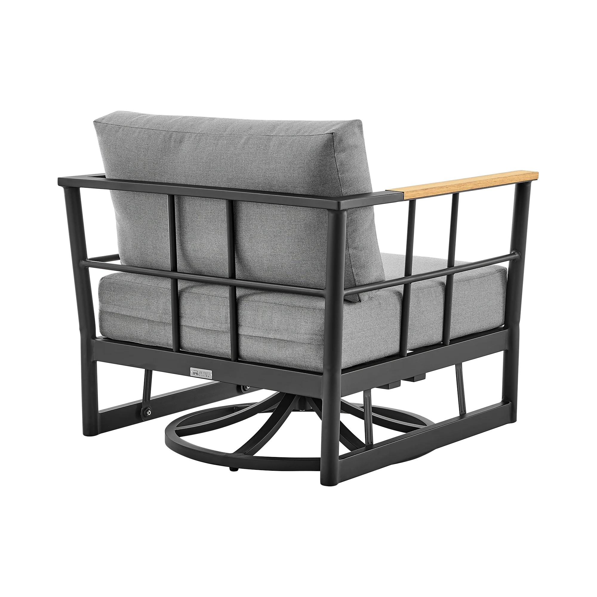 Shari Outdoor Patio Swivel Glider Lounge Chair in Black Aluminum and Teak Wood with Cushions By Armen Living - Image 5