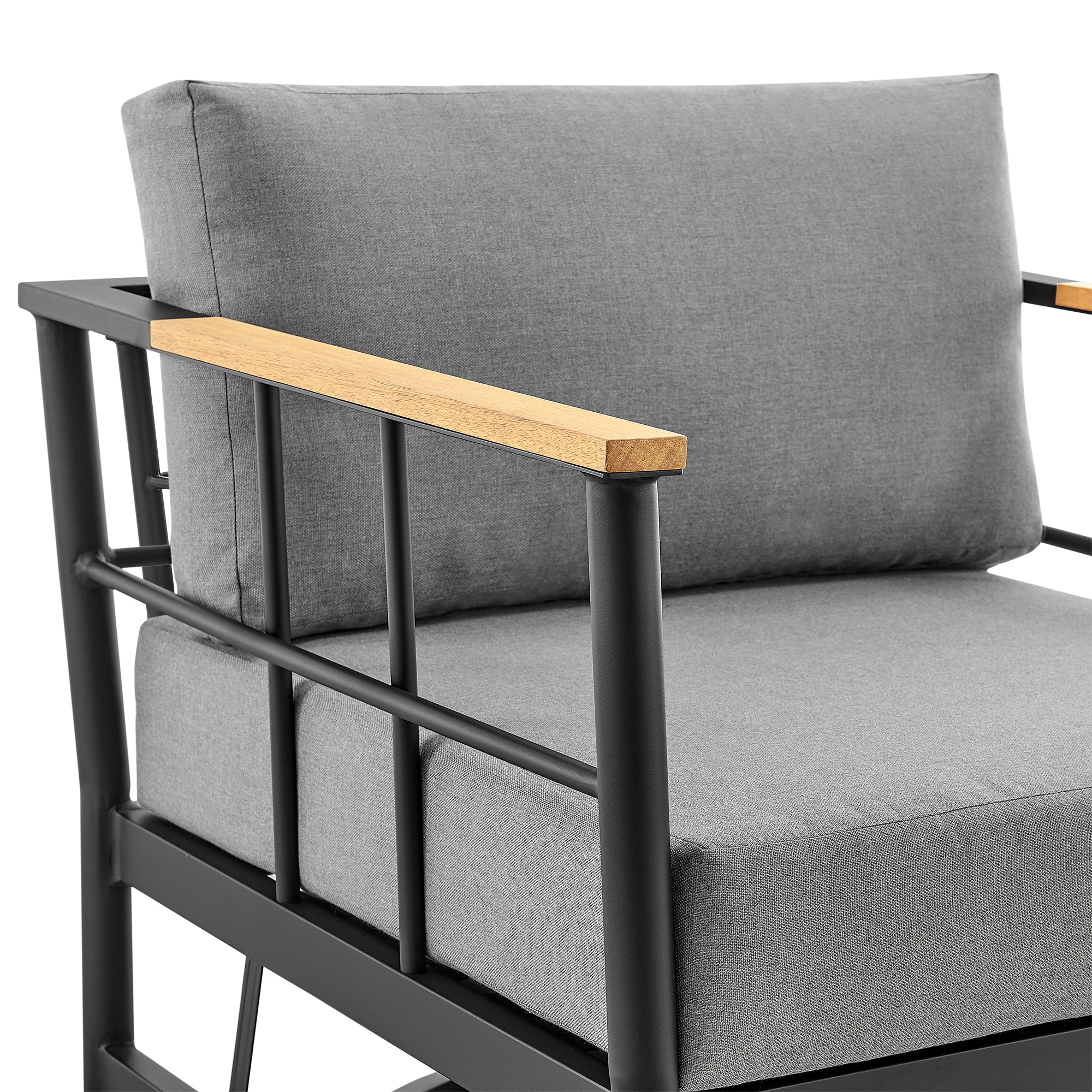 Shari Outdoor Patio Swivel Glider Lounge Chair in Black Aluminum and Teak Wood with Cushions By Armen Living - Image 6