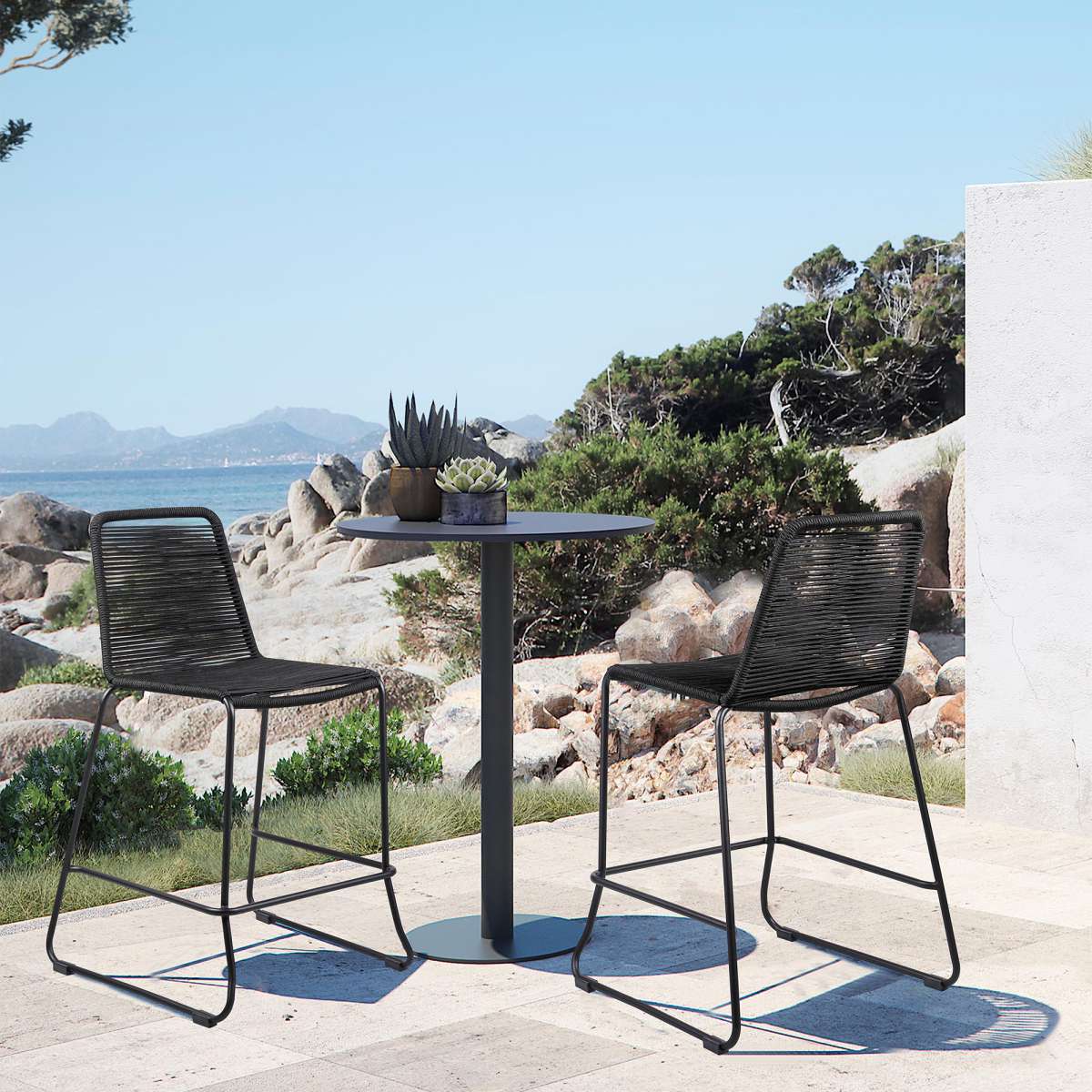 Shasta 30" Outdoor Metal and Black Rope Stackable Barstool - Set of 2 By Armen Living