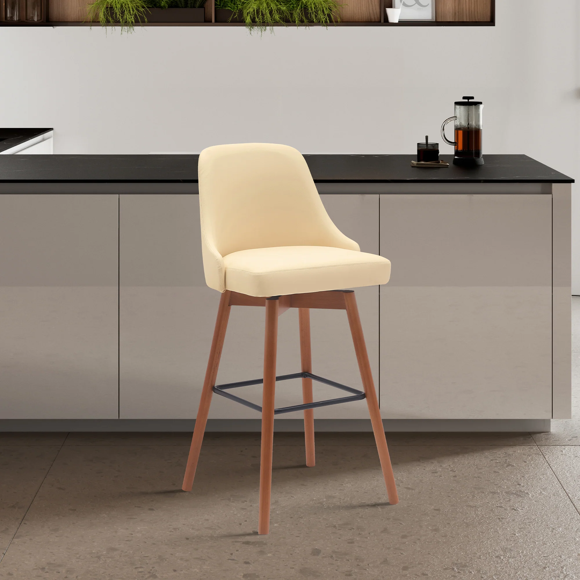 Sicily 30" Swivel Walnut Wood Bar Stool in Cream Faux Leather By Armen Living