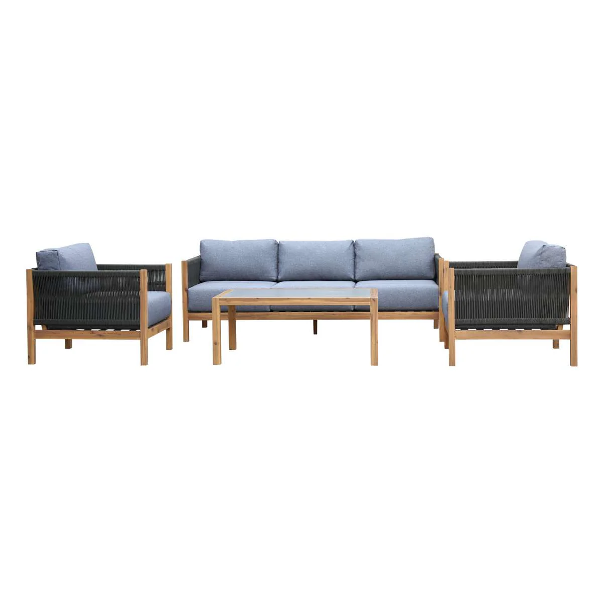 Sienna 4 Piece Acacia Wood Outdoor Sofa Seating Set with Teak Finish and Grey Cushions By Armen Living - Image 2