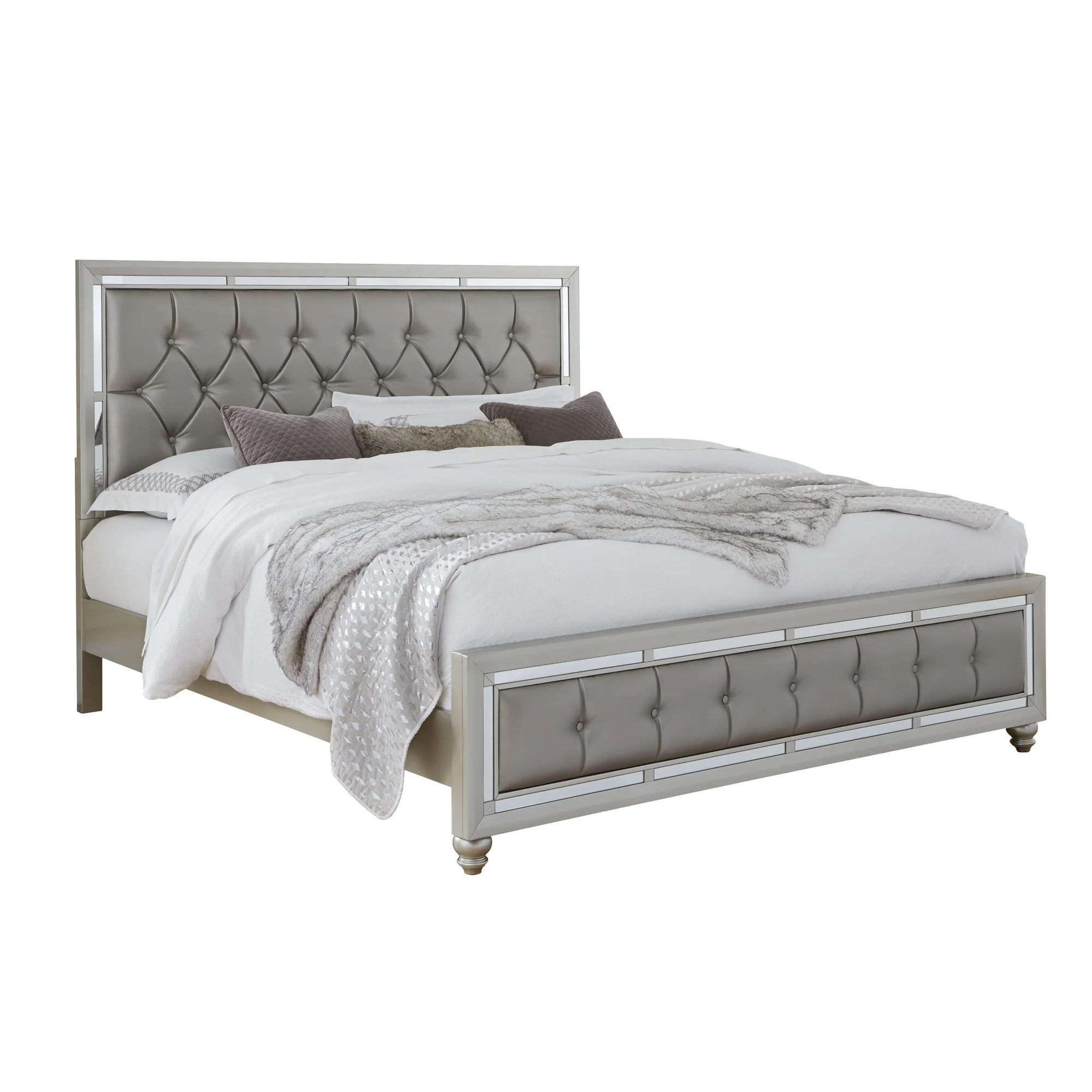 Silver Champagne Tone King Bed Padded Headboard Padded Footboard Mirror Trim Accents By Homeroots - Image 3