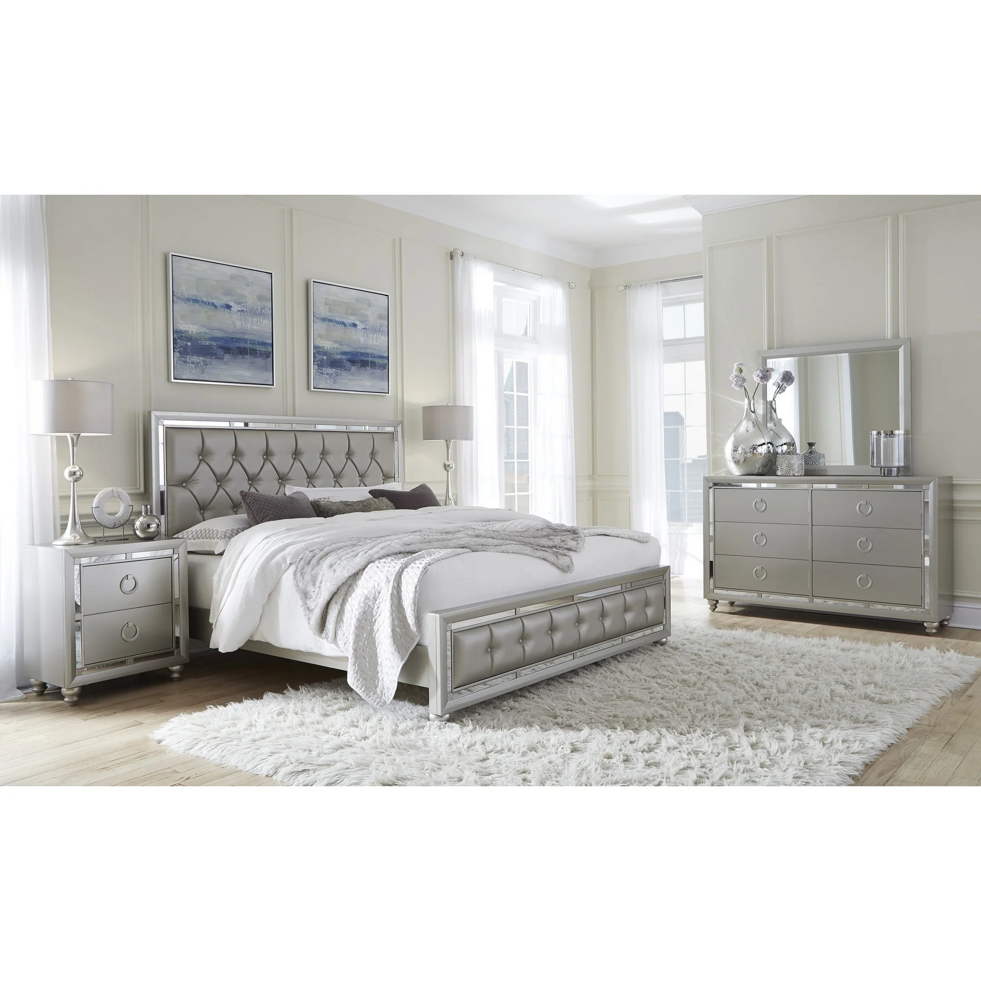 Silver Champagne Tone Queen Bed Padded Headboard Padded Footboard Mirror Trim Accents By Homeroots
