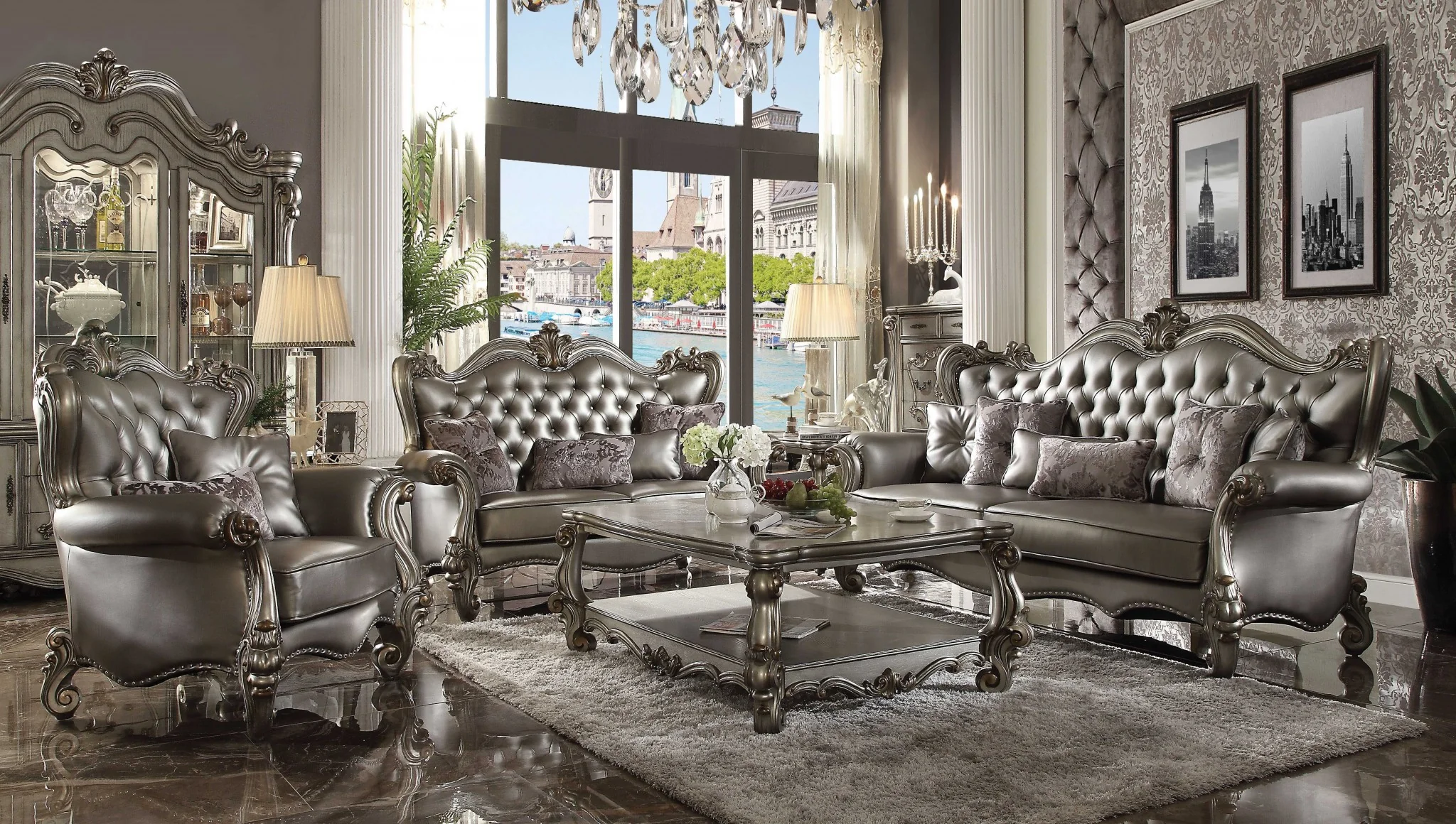 Silver PU Antique Platinum Upholstery Poly Resin Sofa w Pillows By Homeroots - Image 2