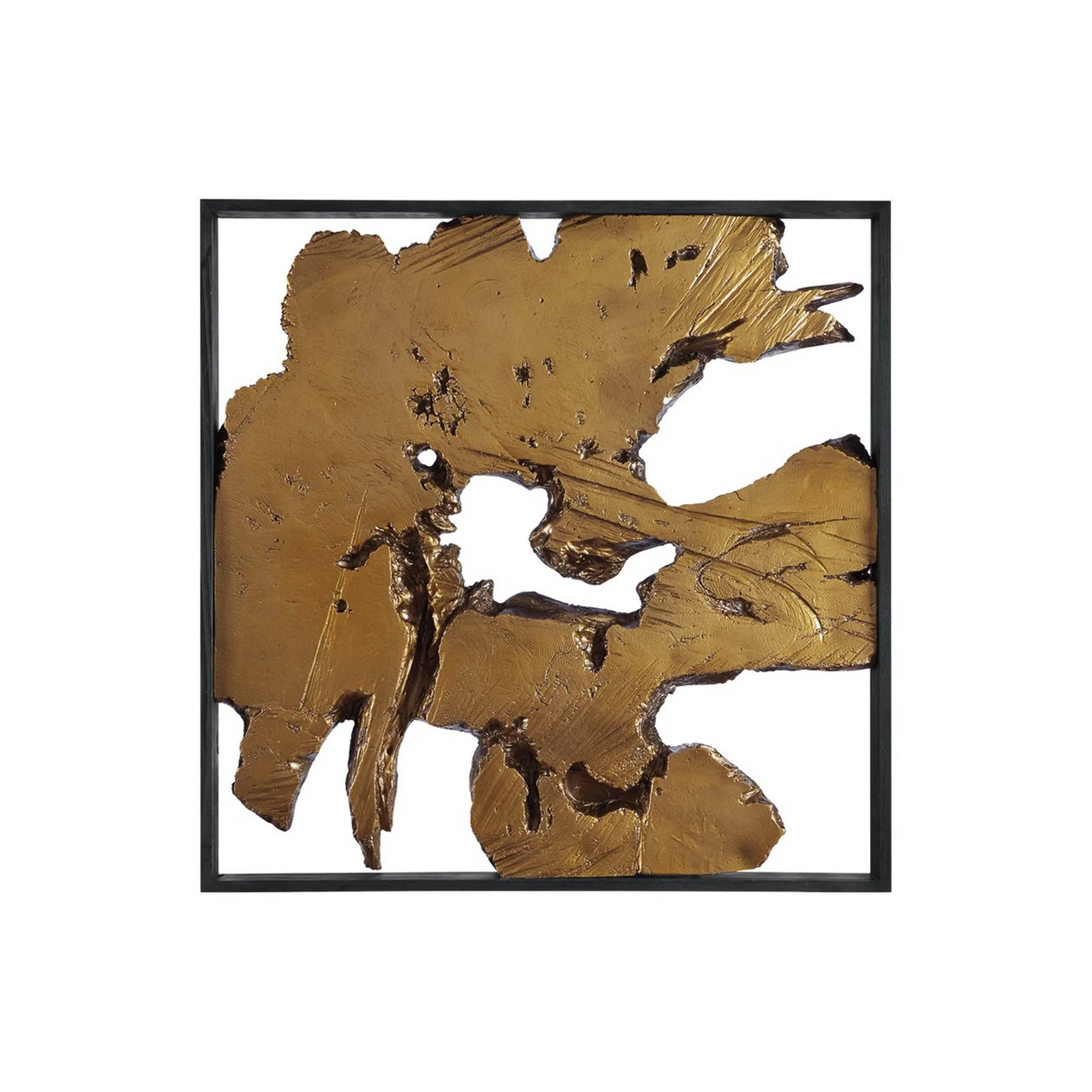 Square Frame Wall Decor with Wooden Abstract Cut Out Pattern,Black and Gold By Benzara