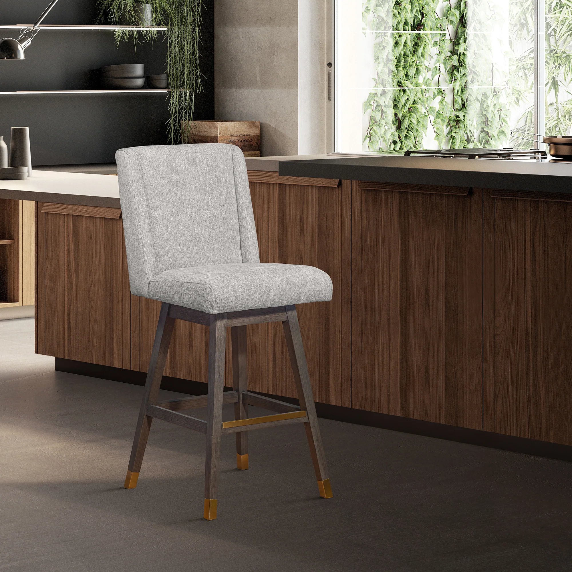 Stancoste Swivel Counter Stool in Grey Oak Wood Finish with Mocha Fabric By Armen Living