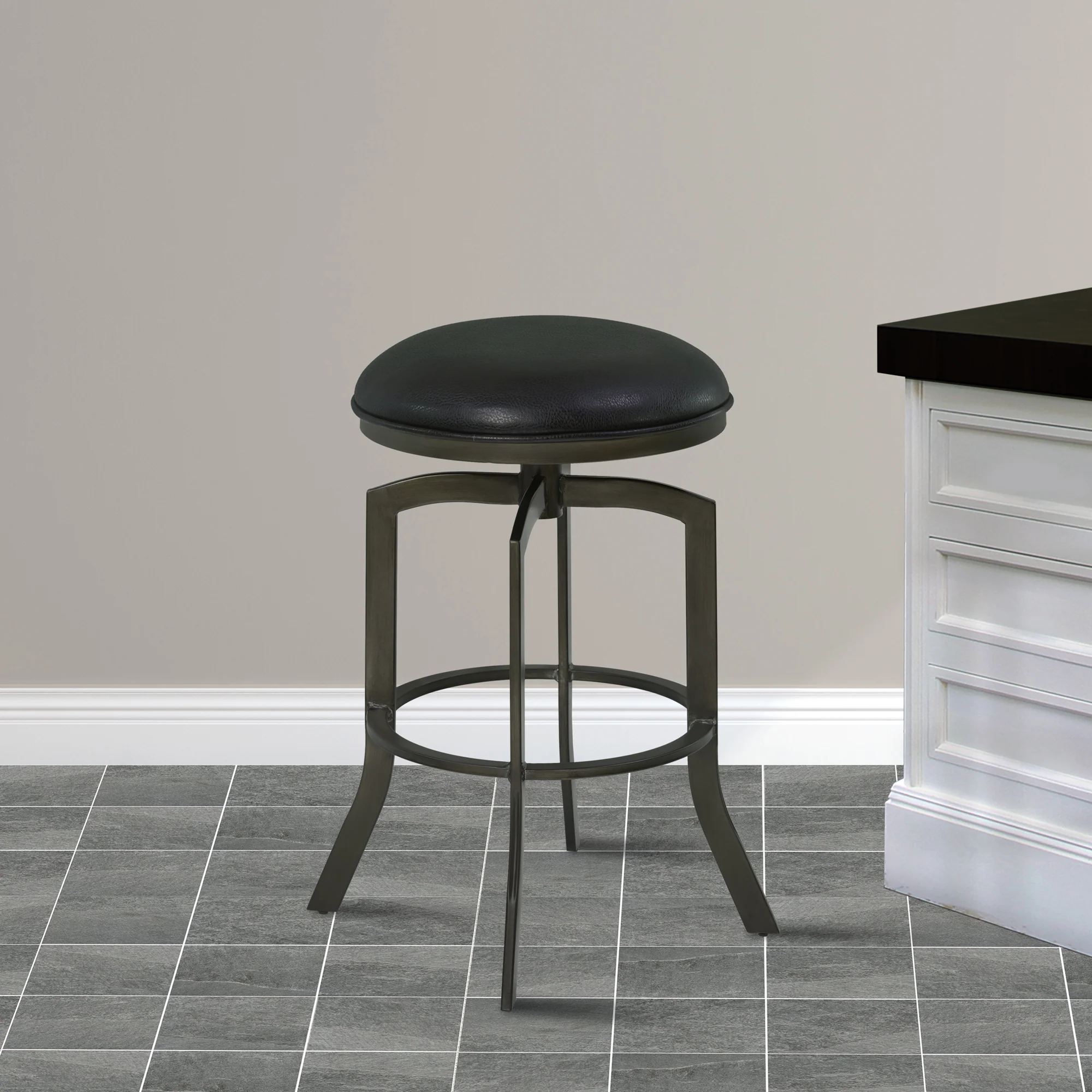 Studio 30" Bar Height Metal Swivel Barstool in Ford Black Faux Leather and Mineral Finish By Armen Living