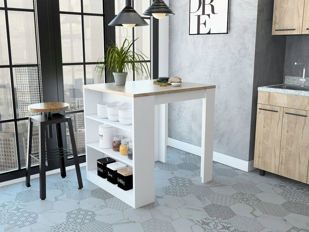 Stylish White and Pine Kitchen Counter and Dining Table Combination By Homeroots