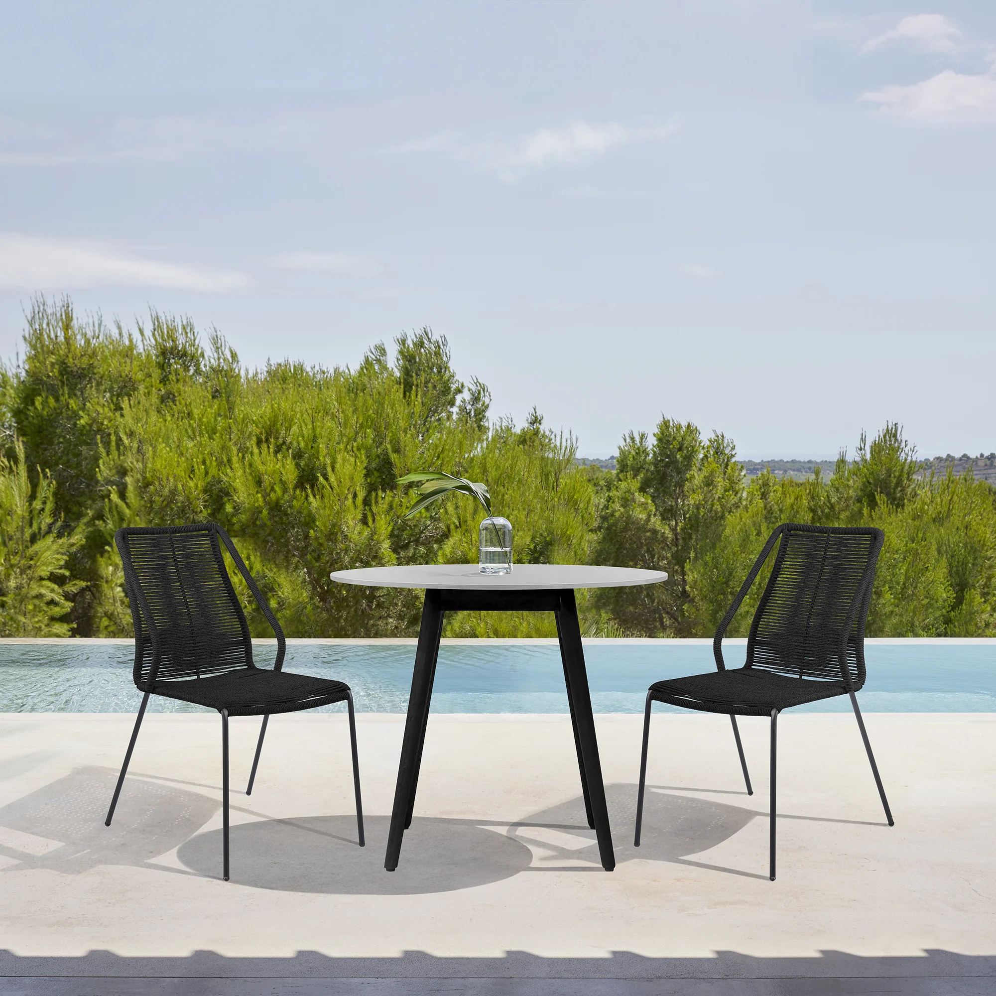 Sydney and Clip 3 Piece Outdoor Patio 36" Dining Set in Black Eucalyptus Wood and Black Rope By Armen Living