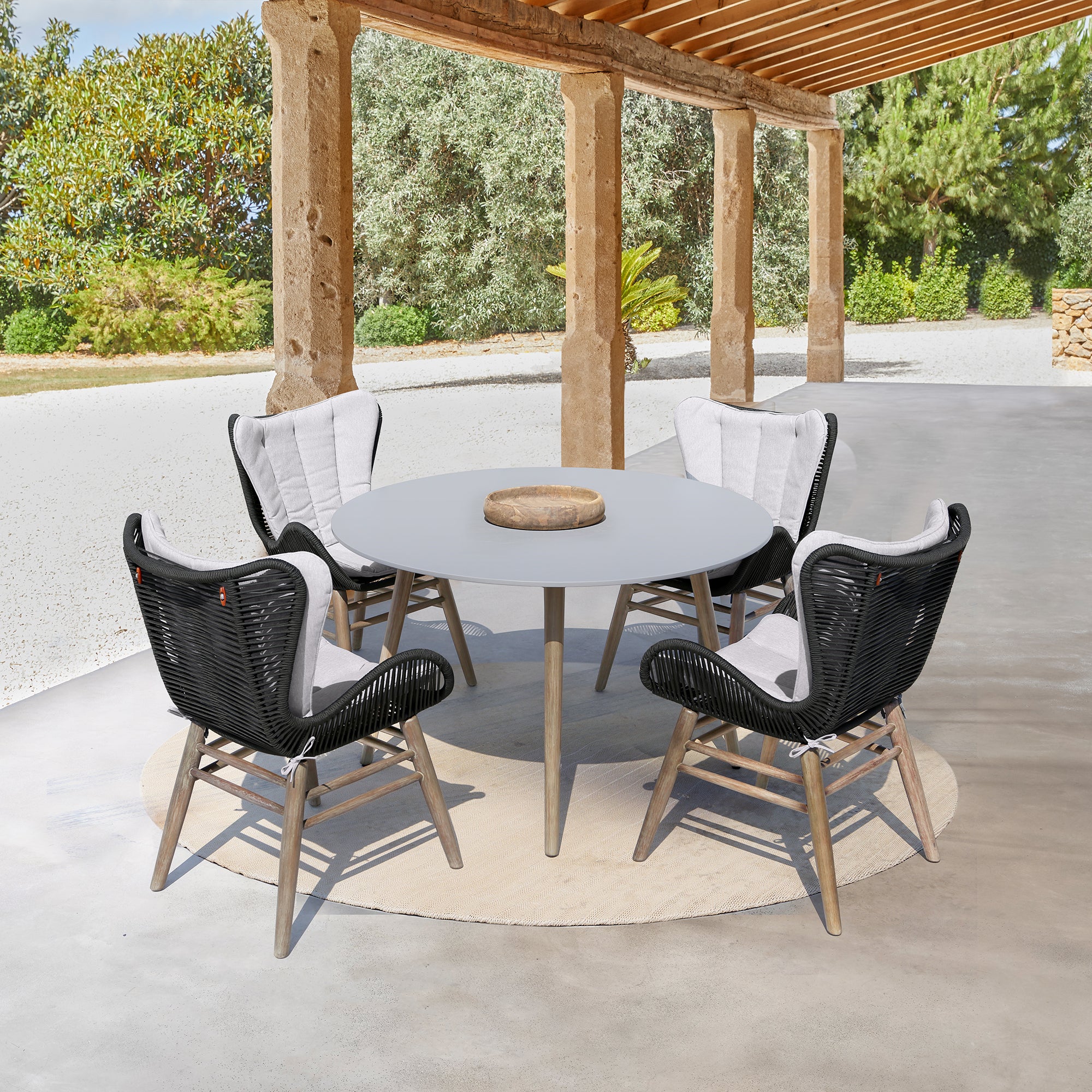 Sydney and Fanny 5 Piece Outdoor Patio Dining Set in Light Eucalyptus Wood with Charcoal Rope and Grey Cushions By Armen Living