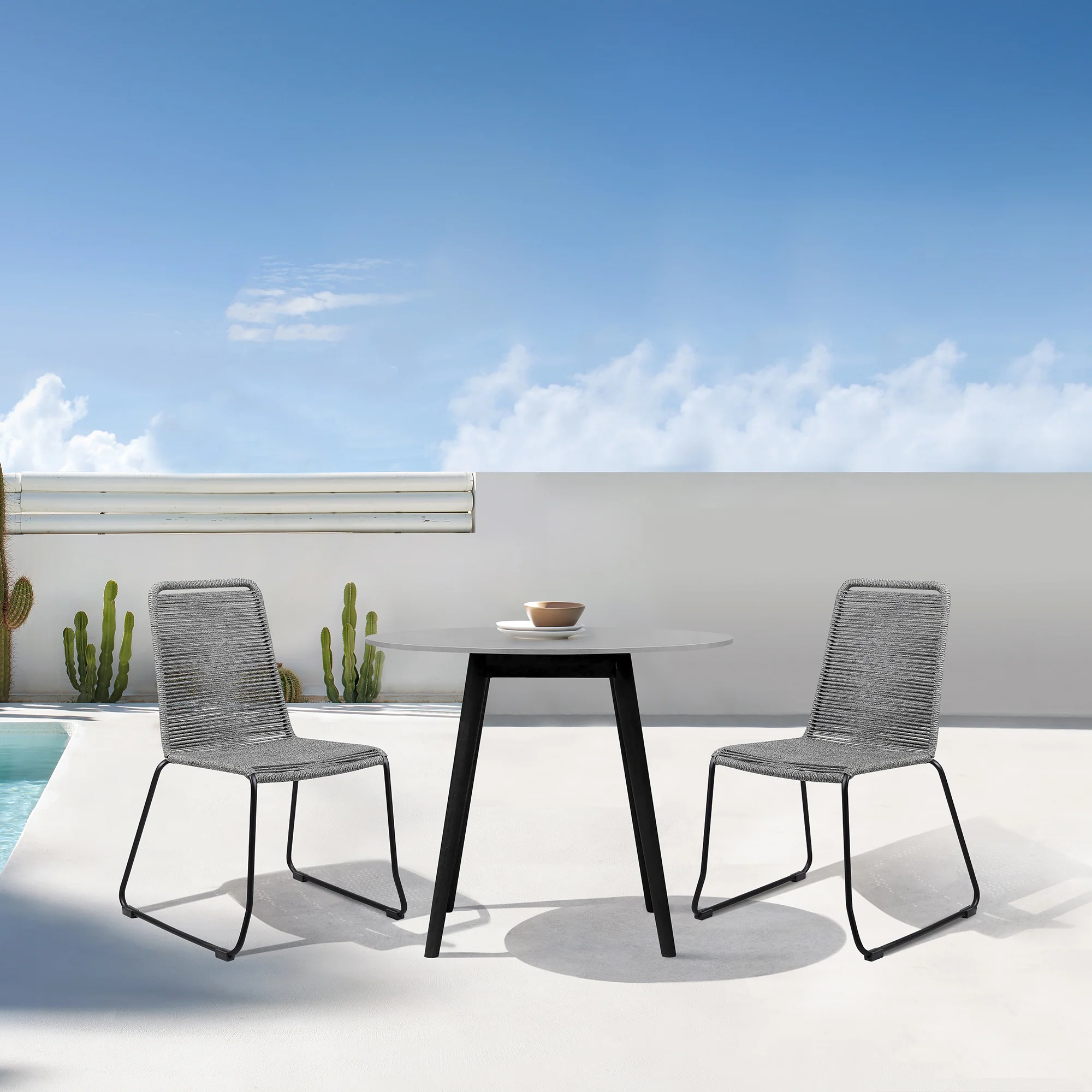 Sydney and Shasta 3 Piece Outdoor Patio 36" Dining Set in Black Eucalyptus Wood and Grey Rope By Armen Living