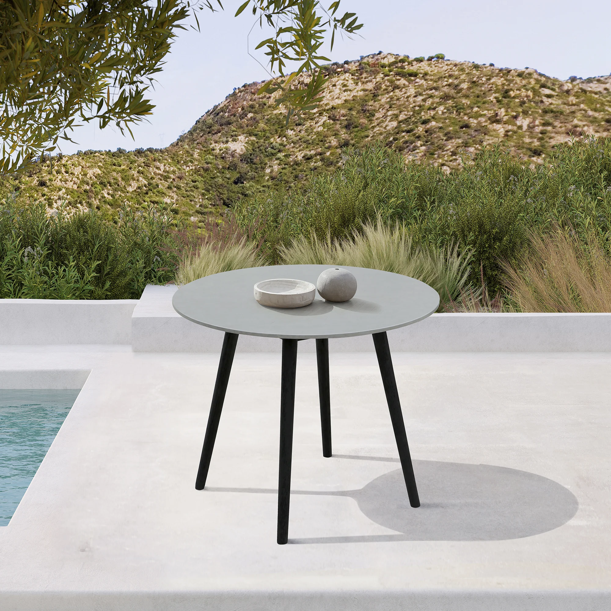 Sydney Outdoor Patio Round 36" Dining Table in Black Eucalyptus and Grey Stone By Armen Living