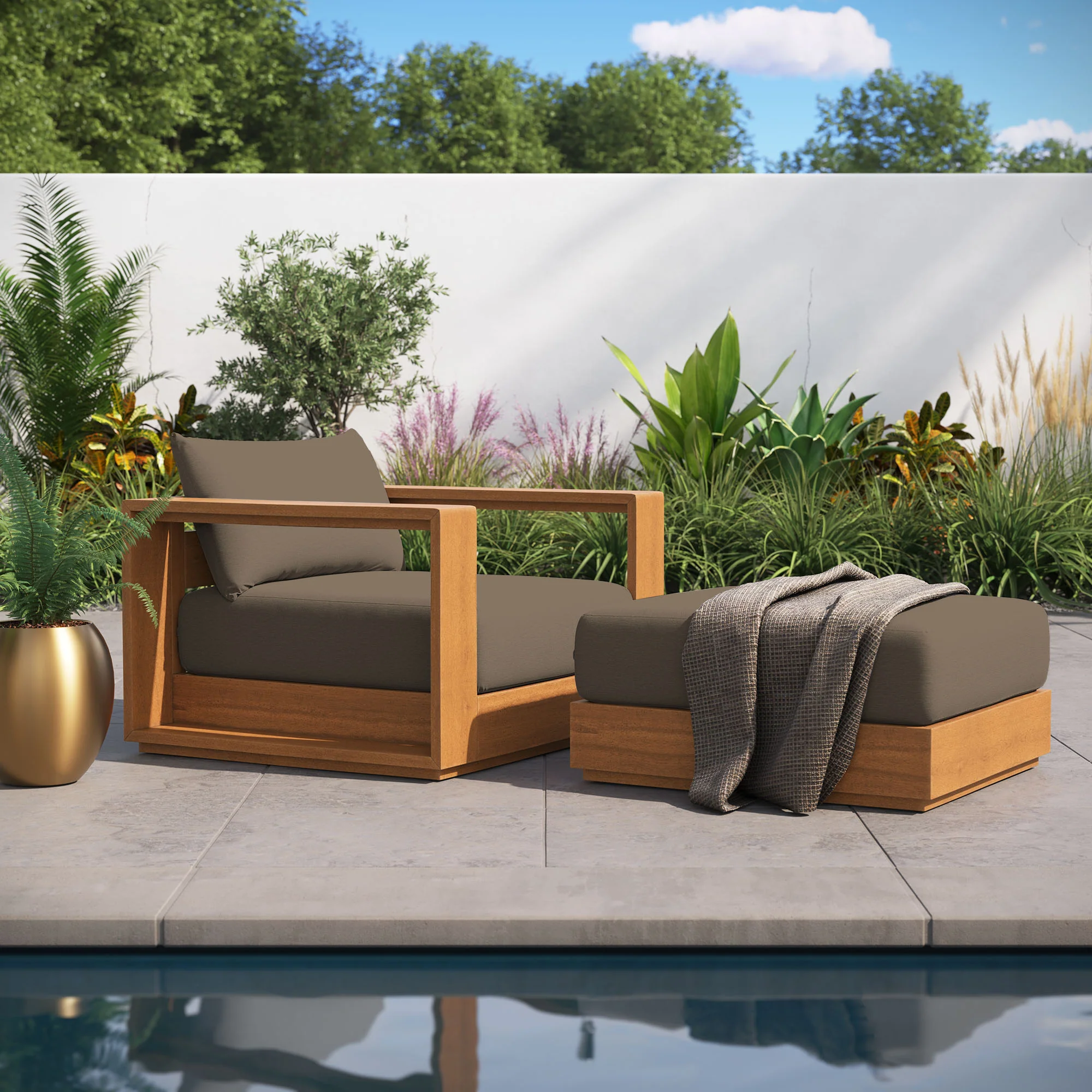 Tahoe 2-Piece Outdoor Patio Acacia Wood Armchair and Ottoman Set by Modway