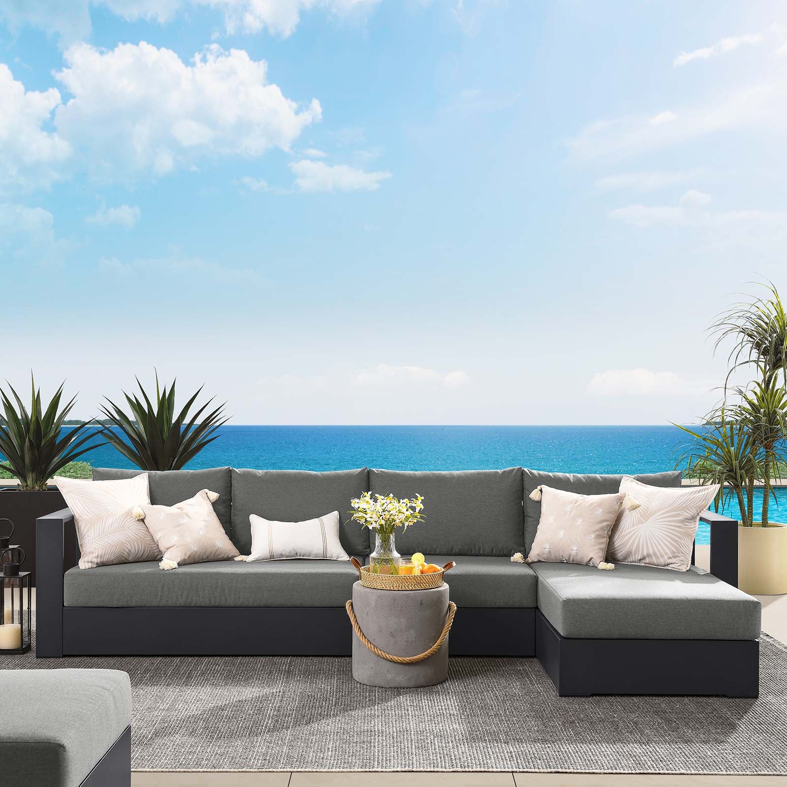 Tahoe Outdoor Patio Powder-Coated Aluminum 3-Piece Right-Facing Chaise Sectional Sofa Set By Modway - EEI-6671