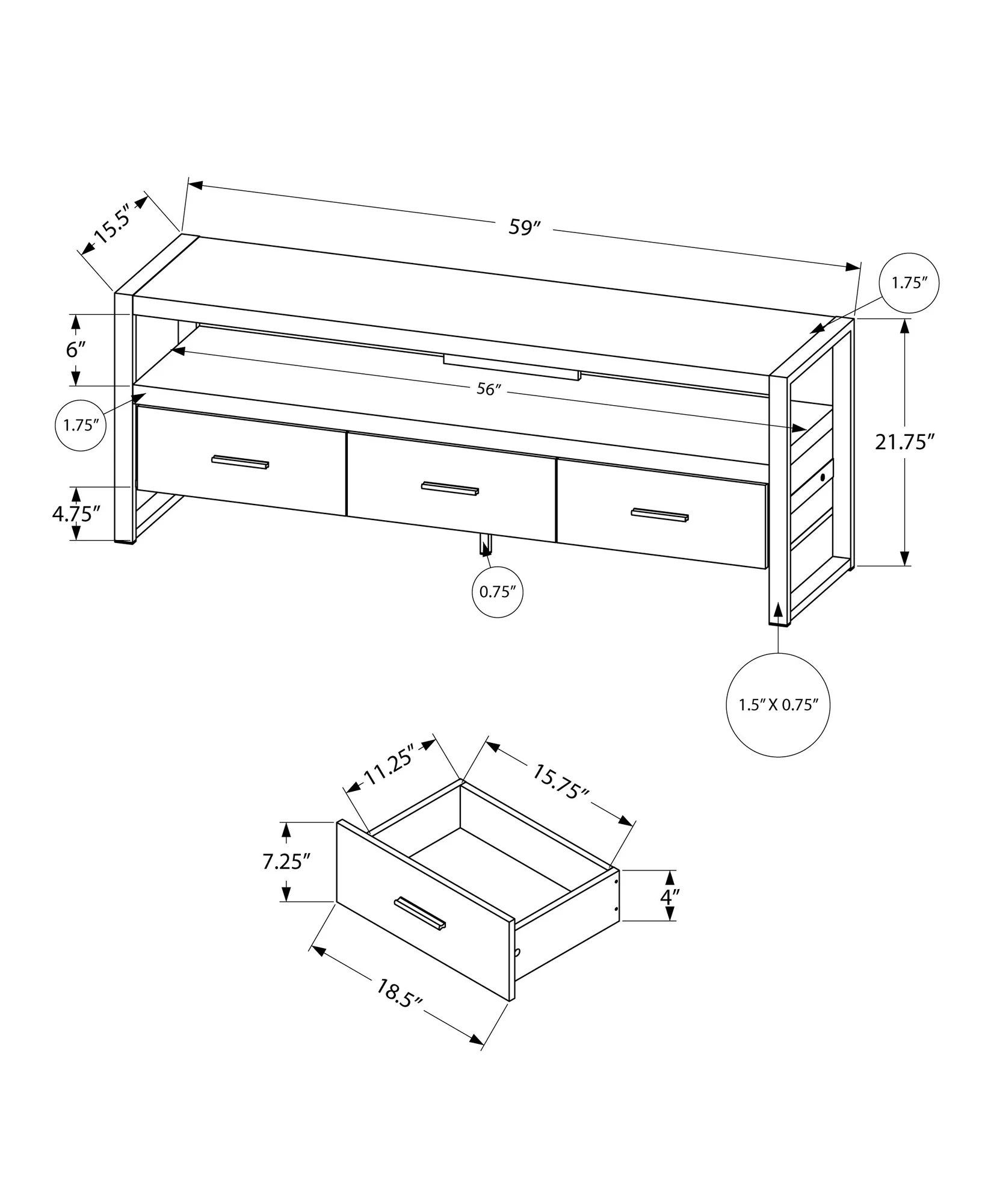 Taupe Black Particle Board Hollow Core Metal TV Stand with 3 Drawers By Homeroots - Image 3