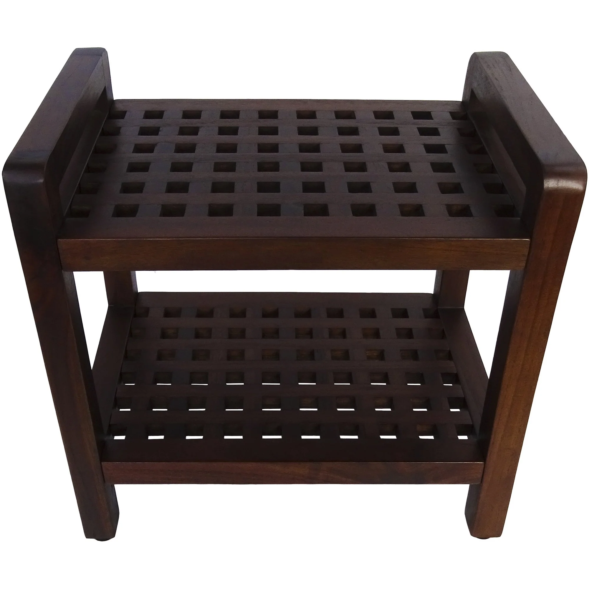 Teak Lattice Pattern Shower Stool with Shelf and Handles in Brown Finish By Homeroots