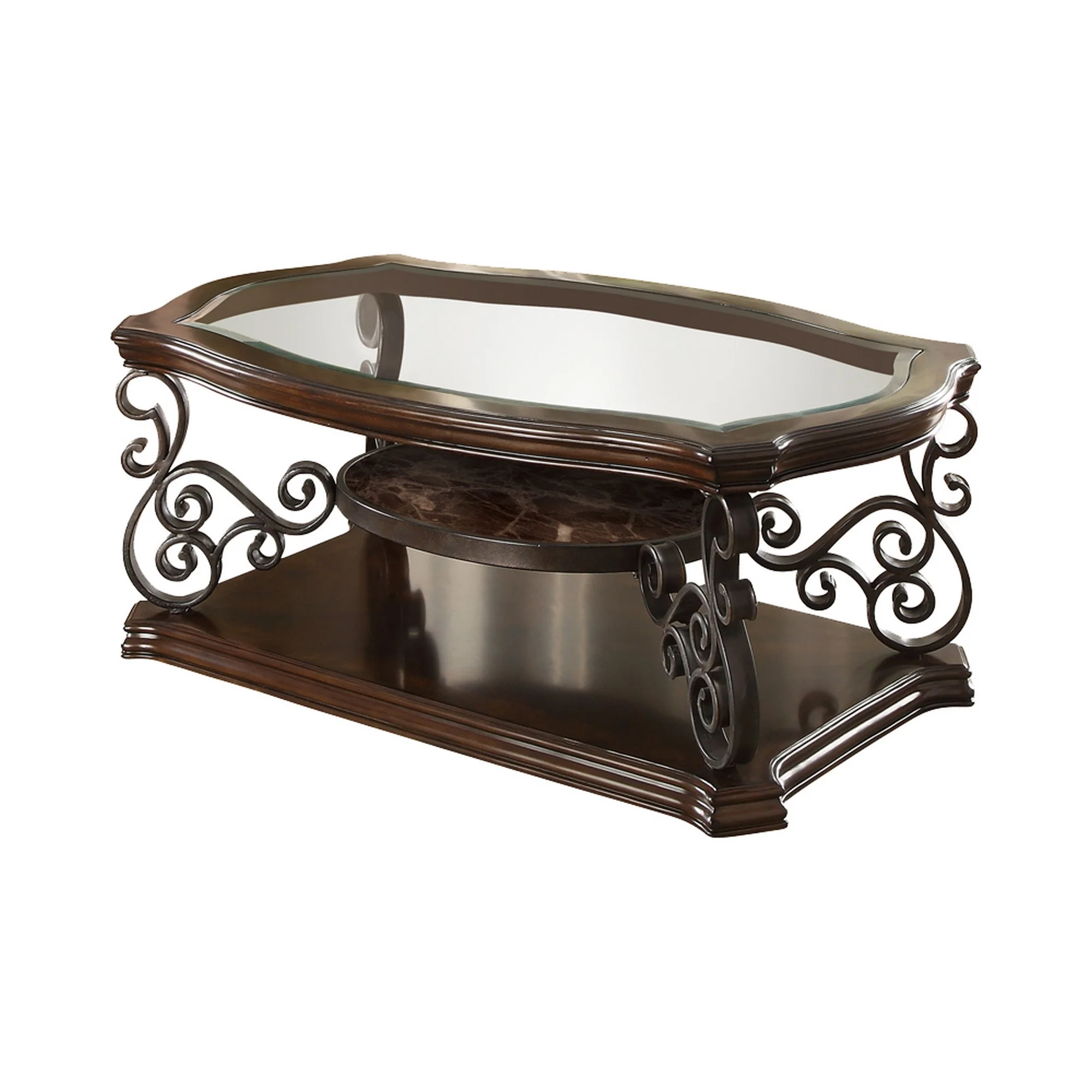 Tempered Glass Top Wooden Coffee Table With Ornate Metal Scrollwork, Brown By Benzara
